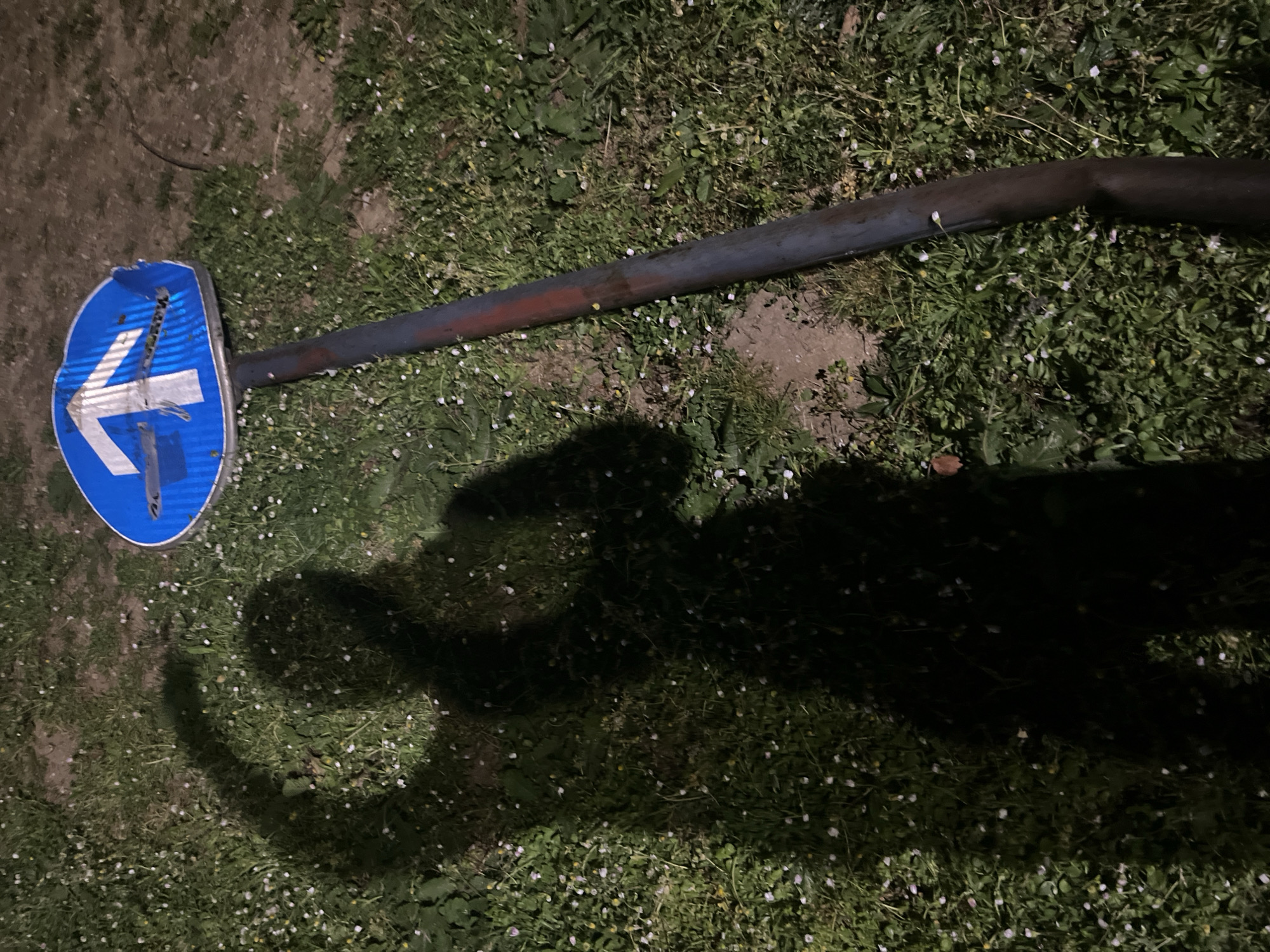The image shows a broken blue and white road sign with a left-pointing arrow lying on grass. The sign is attached to a metal pole, which is also on the ground. A dark shadow falls across the scene. The location is likely in Budva, Montenegro.
