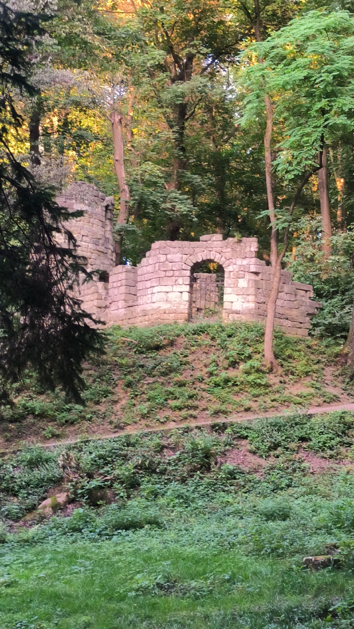 The image shows the ruins of a stone structure, possibly an old castle or folly, situated on a grassy, tree-covered hillside. The structure is made of light-colored stone blocks and features an arched entryway with a dark, wrought-iron gate. The surrounding environment is lush with green vegetation, including trees and ground cover. The lighting suggests it is either early morning or late afternoon, with sunlight filtering through the leaves. There are no people visible in the image. This is a scene from High Castle Park in Lviv, Ukraine, specifically the ruins of the pavilion known as "The Chamber of Echoes" or "Pavilion of the Echoes."