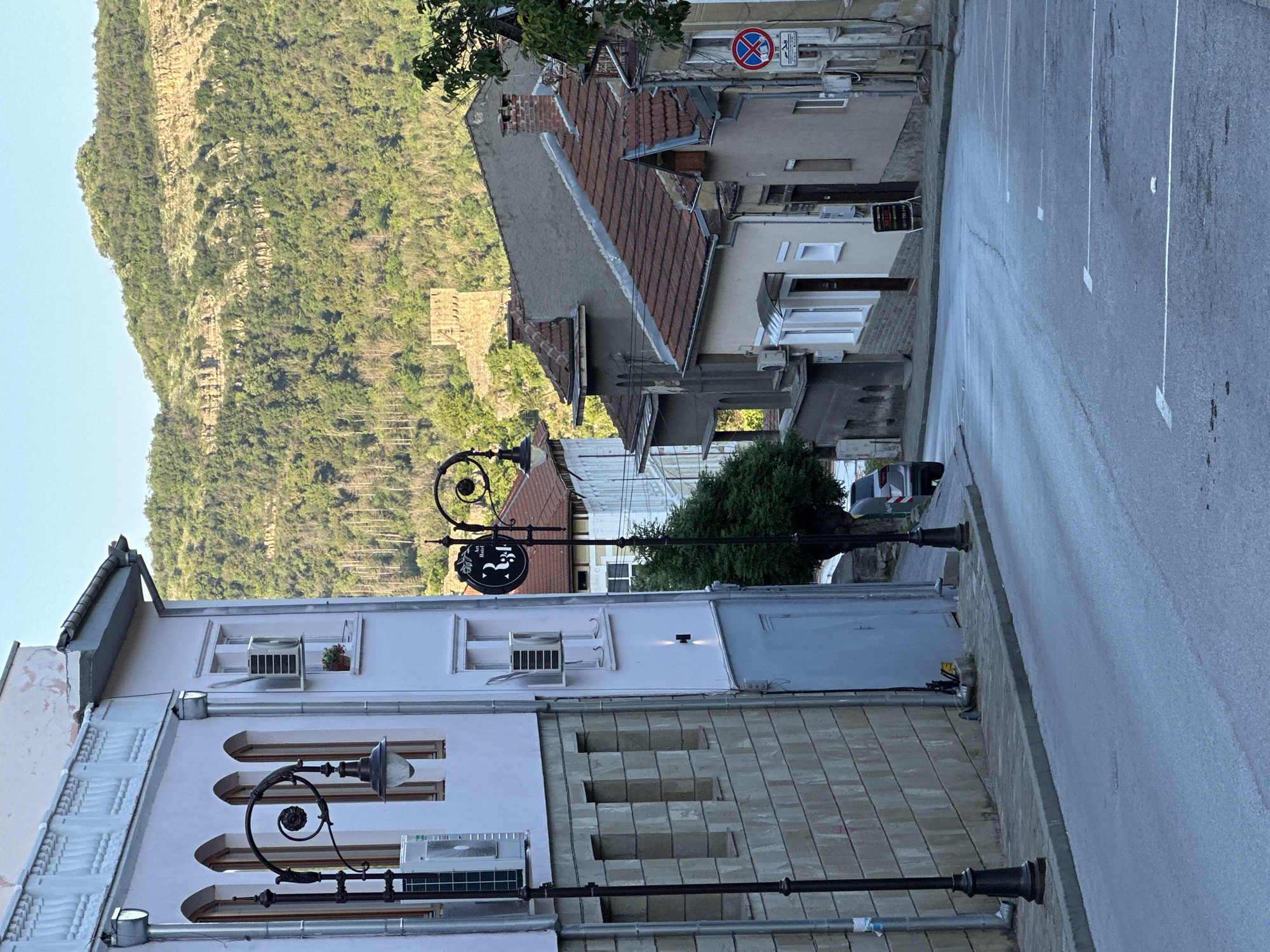The image depicts a street scene in Veliko Tarnovo, Bulgaria. A mountain covered with trees rises in the background. In the middle ground are buildings with tiled roofs, some appearing old and others more modern. A road or parking area is present in the foreground, marked with white lines. Two ornate lampposts are visible, one with a sign attached. A person and car are seen down the street. The street appears wet.