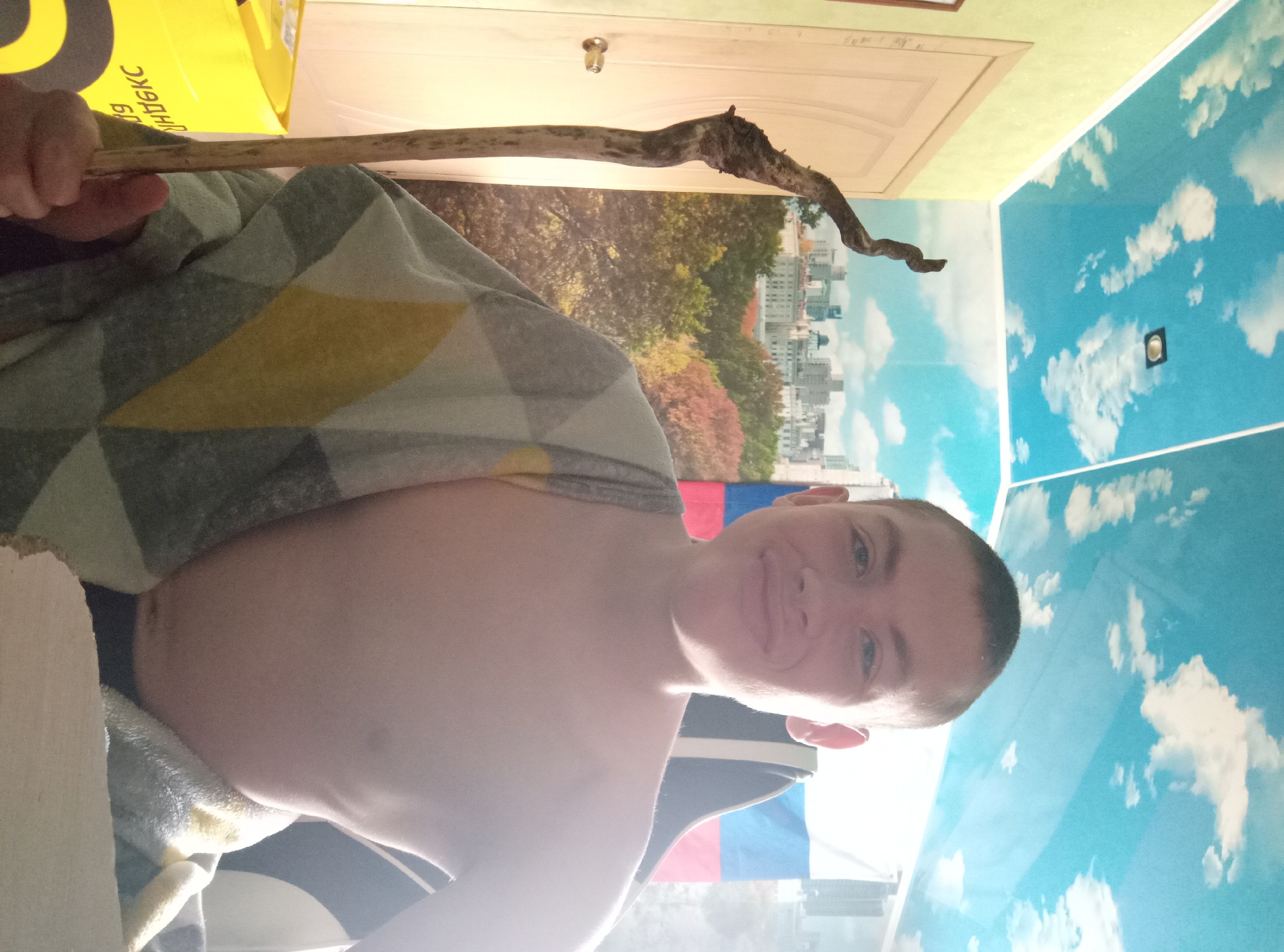 A young male, likely a teenager or pre-teen, with short dark hair and a bare torso, poses for a photo indoors. He looks directly at the camera with a slight smirk. In his left hand, he holds a long, gnarled wooden stick or branch. He is partially covered by a blanket featuring a geometric pattern in shades of grey, yellow, and white.
The room exhibits distinct wallpaper designs: one wall features a mural depicting an autumnal forest landscape transitioning into a cityscape, while an adjacent wall is covered in blue wallpaper adorned with white clouds, resembling a sky. The ceiling appears light yellow or pale green. In the upper left background, a portion of a large yellow bag is visible, bearing Russian text that reads "НДЕКС" (part of "Yandex"). A light-colored door or cupboard is also seen. Bright light illuminates the scene, suggesting it is daytime. An object with red, white, and blue stripes, possibly a flag or fabric, is visible in the lower right background. The setting is identified as совхоза "Воронежский", Russia.