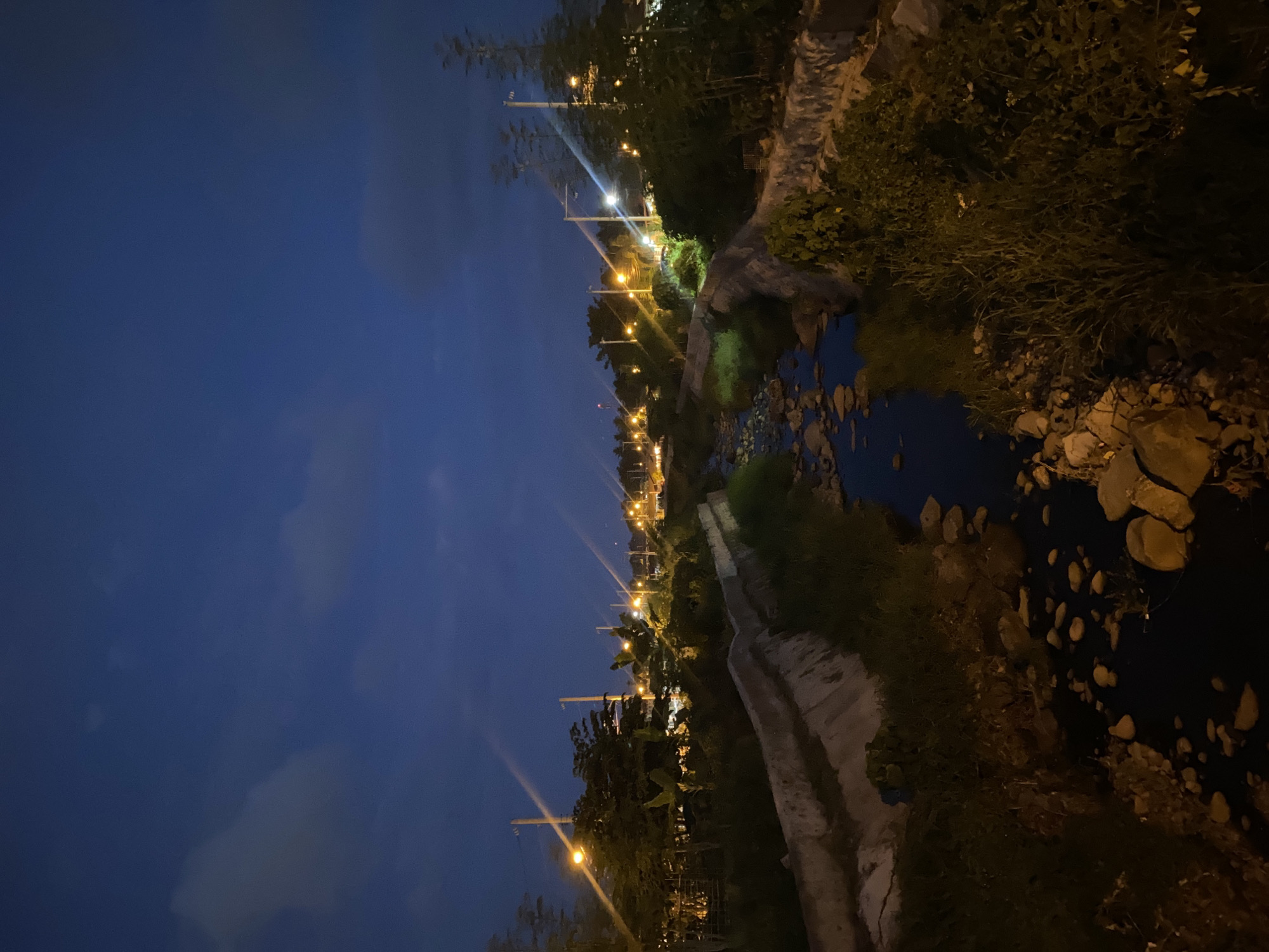 An outdoor, low-light, eye-level shot captures a canal with concrete banks, overgrown vegetation, and a rocky bottom, flowing into the distance. The water reflects the dark blue, cloud-speckled sky and the bright orange streetlights that line the sides of the canal. Trees and other foliage are visible on both banks, with a few taller poles and wires also present. The scene appears to be a drainage canal within a developed area, likely on the outskirts of Davao City, Philippines, given the tropical vegetation and the characteristic street lighting. No people or specific actions are depicted.