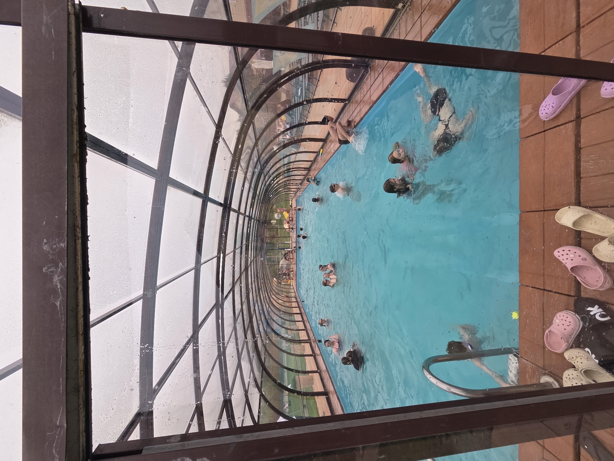 The image depicts an indoor swimming pool in what appears to be a public facility in Birobidzhan, Russia. The pool is enclosed by a retractable, arched transparent structure, likely made of glass or plastic panels supported by a metal frame.
Inside the pool, numerous people are swimming and playing. Several individuals are seen at varying distances within the pool, some closer to the edge, while others are farther away. Their actions include swimming, splashing, and interacting with each other.
The pool's edge is bordered by a wooden deck or walkway, where several pairs of sandals and slip-on shoes are placed. A metal ladder provides access to the pool. The interior design and the presence of a crowd suggests this is a community or commercial swimming facility.
Outside of the glass structure, green grass and trees are seen suggesting that this is a facility within an urban park.