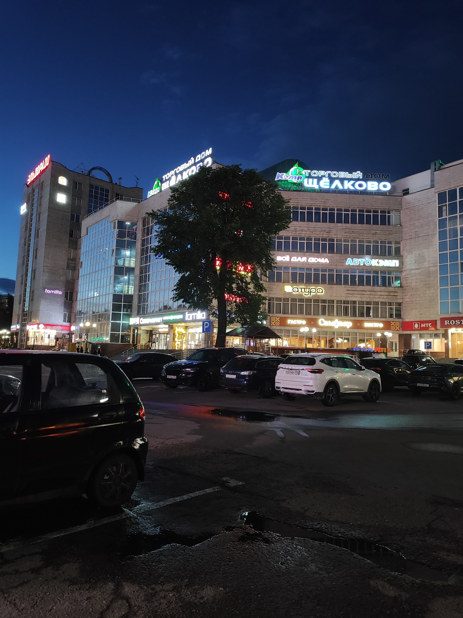 This image, taken at dusk, showcases a commercial building with illuminated signage. The building features large glass windows and a multi-story facade. Neon signs are visible, including "ТОРГОВЫЙ ДОМ ЩЁЛКОВО" (Trading House Shchyolkovo) in green and blue, and other signs such as "Familia" and "АВТОКОМП" (AUTOCOMP) in white and blue respectively. Multiple vehicles are parked in the foreground and midground, including a black car in the lower left, a white SUV, and several dark-colored sedans. The ground appears to be asphalt with visible puddles, indicating recent rain or moisture. The sky is a deep blue, transitioning into darkness, suggesting it is late evening. There are no discernible people in the immediate foreground, but some figures might be present through the glass facade of the building. The overall scene depicts a commercial area at night.