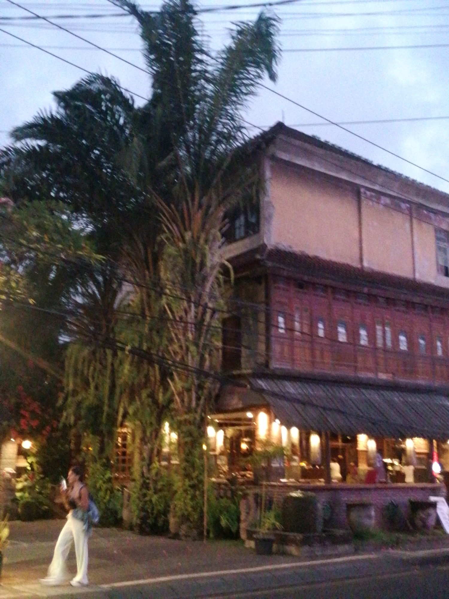 The image depicts a street scene in Ubud District, Indonesia, likely during twilight or overcast conditions. A woman in white pants and a dark top is walking on the left side of the frame, carrying a blue bag over her shoulder and holding a phone in her right hand. Behind her, a multi-story building with a reddish-brown facade features multiple windows and balconies. Large trees, including palm trees, are prominent throughout the scene, partially obscuring the building and the sky. Electrical wires are visible crisscrossing the upper portion of the image. The ground appears to be a paved road or sidewalk. The overall atmosphere is slightly dim, suggesting either early morning or late evening.