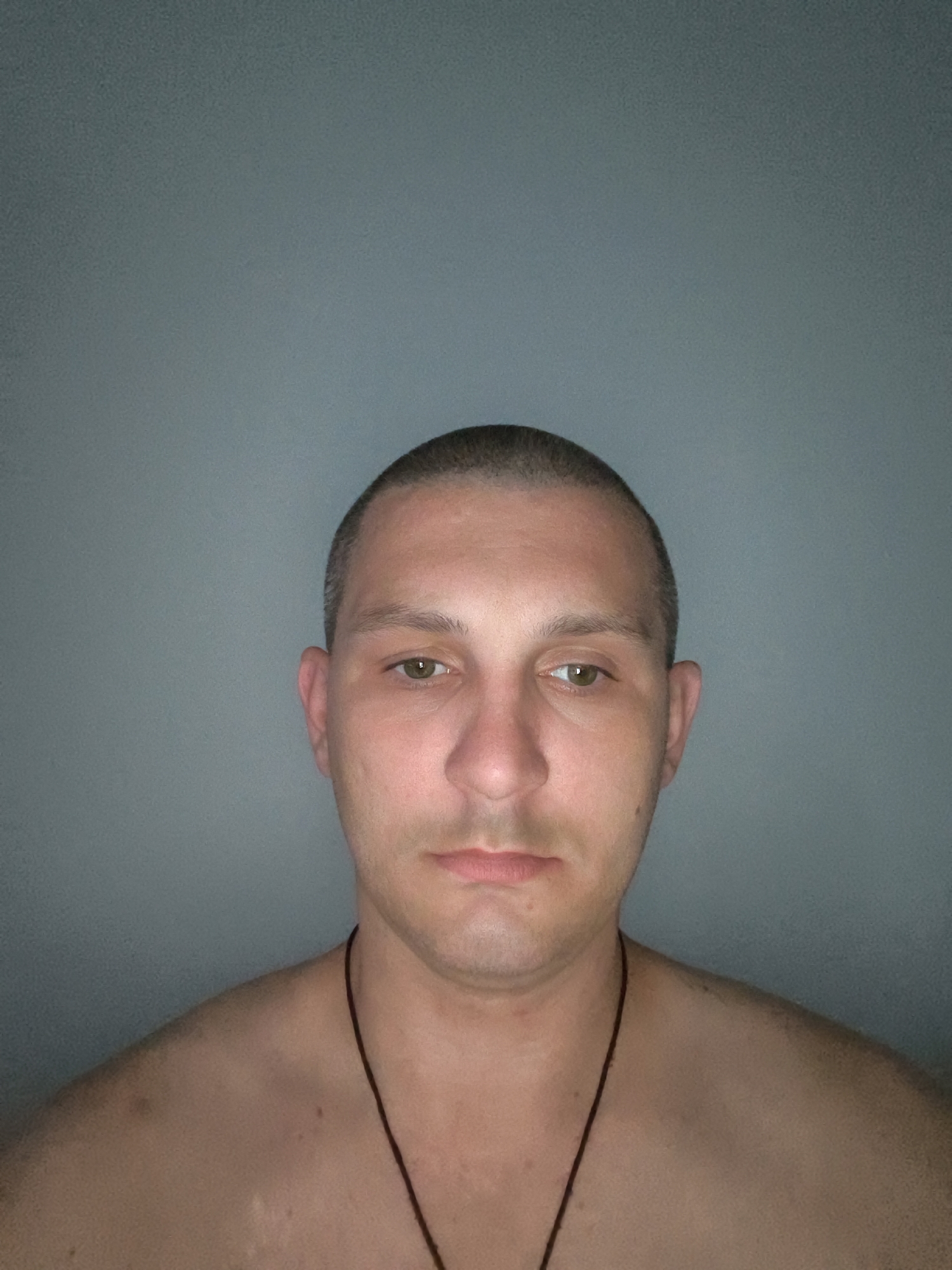 A close-up headshot of a bald white male is shown, facing forward against a plain, gray background. The man has fair skin, green eyes, and a light scattering of freckles across his nose and cheeks. He is wearing a dark-colored cord around his neck, which is visible on his bare shoulders. The lighting in the image is from above and slightly to the front, creating soft shadows on his face. The scene does not contain any elements that suggest a specific location in the city of Wolgast, Germany.