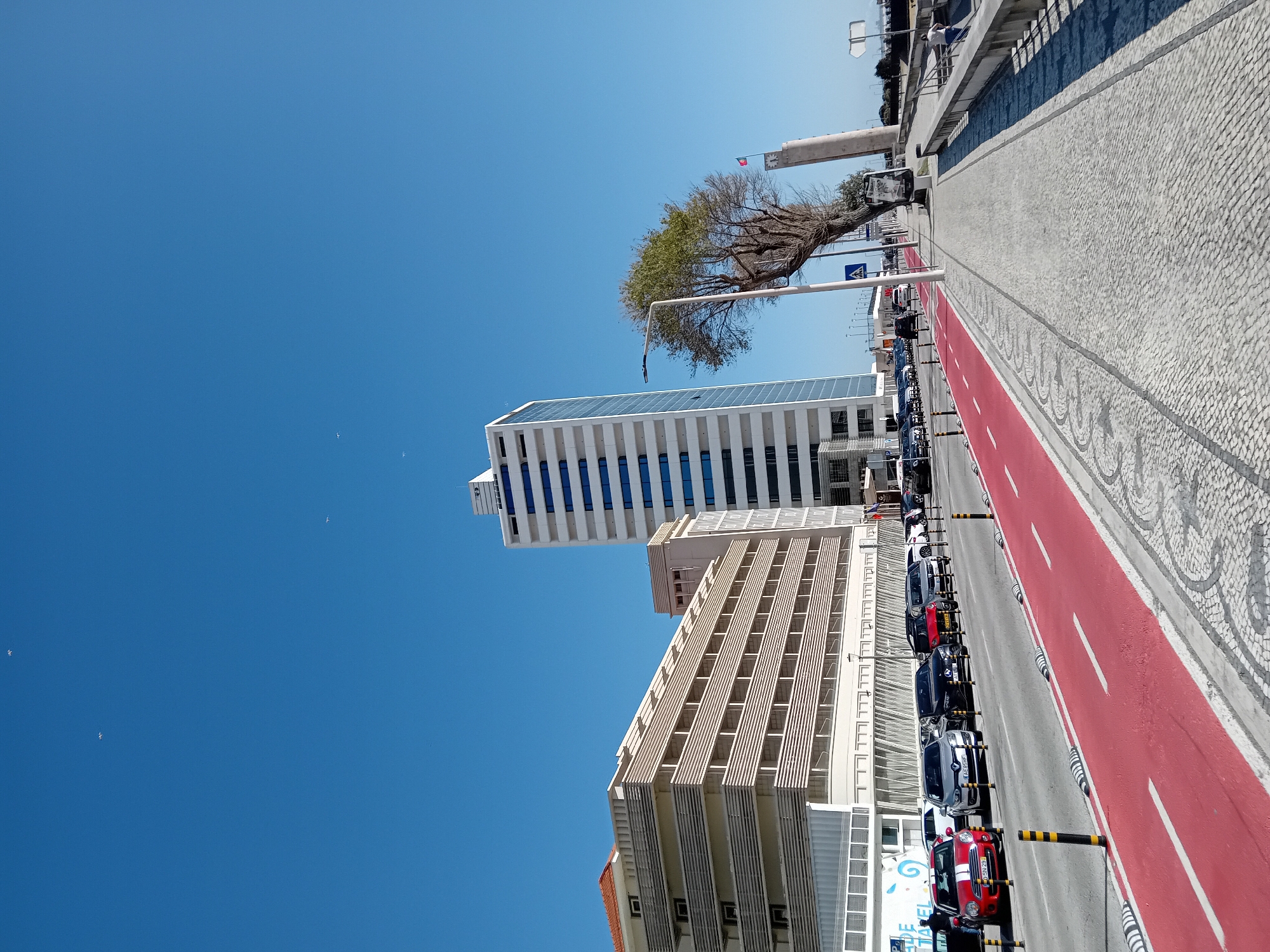 The image captures a vibrant urban street scene under a clear blue sky. On the left side, several modern buildings rise, including a prominent tall white structure with horizontal dark window bands, and a lighter-colored building below it featuring numerous vertical louvers or balconies. A smaller building with a red roof is partially visible at the bottom left.
The right side of the image features a wide paved area with intricate cobblestone patterns, alongside a distinct red bicycle path. This path is marked with white dashed lines and decorative, wave-like arrow patterns embedded in the adjacent gray pavement. A line of cars is parked neatly between the red path and the buildings, separated by black and yellow striped bollards. A variety of cars, including a red Mini Cooper, are visible.
Near the center-right, a large, gnarled tree stands with a mix of bare branches and green foliage, casting a shadow on the street. Further down the street, a tall, white monument or structure is visible, topped with what appears to be a Portuguese flag (red and green vertical stripes). Streetlights and various poles are scattered throughout the scene.
The bright sunlight suggests it is daytime, likely midday or early afternoon, contributing to the sharp details and clear visibility. Several tiny white specks, possibly birds or distant drones, are visible against the expansive blue sky.
Visible text includes "EL" and possibly "PARK" on a lower building towards the bottom left, partially obscured by a pole. A license plate "35-OV-25" is visible on one of the parked cars. The scene depicts a calm, bustling city environment, with no specific human activity taking center stage, emphasizing the architectural and street elements.