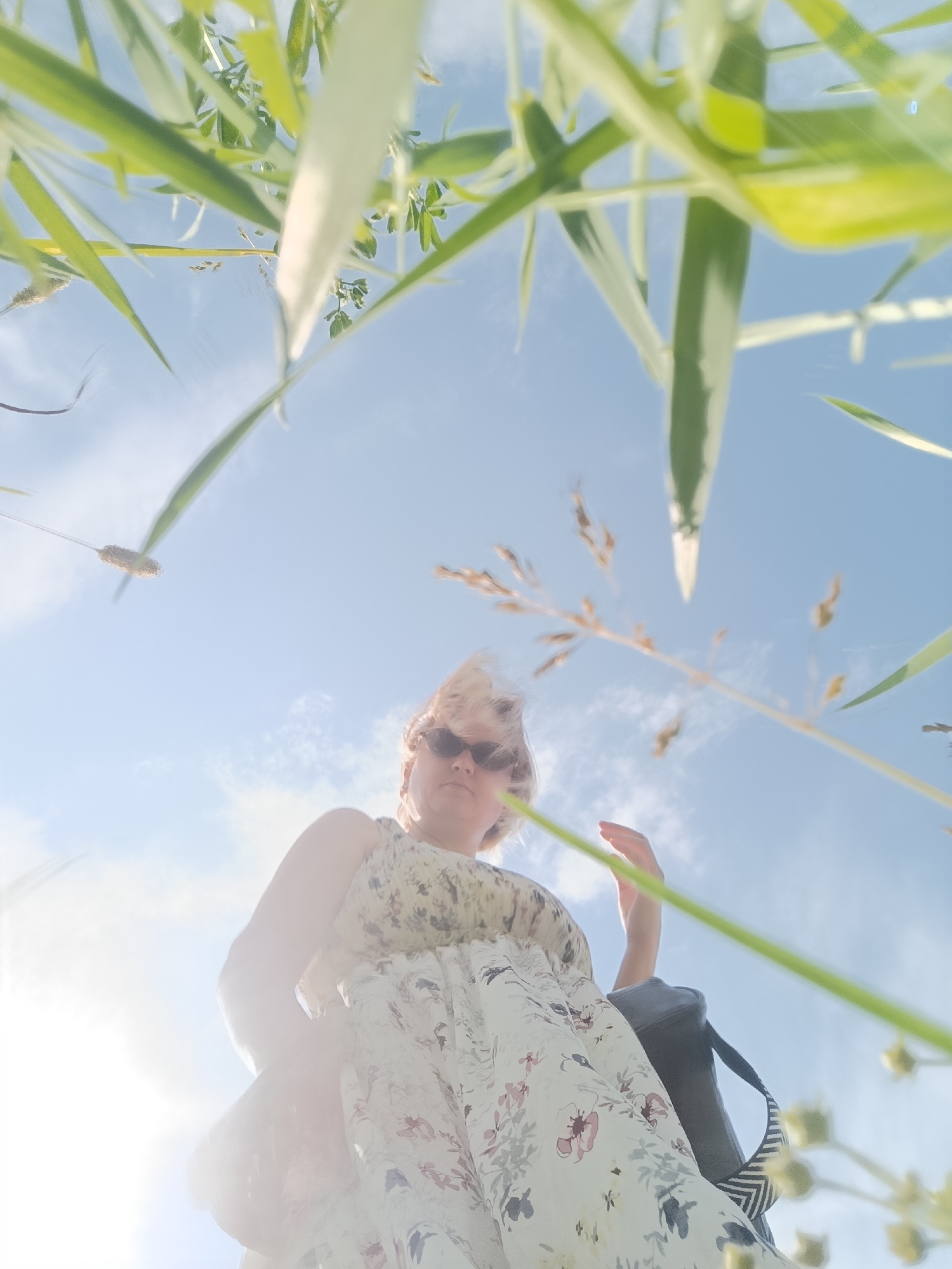 The image is a low-angle shot of a person in an outdoor environment, possibly a field or park, with tall grass and foliage in the foreground framing the sky. A woman with blonde hair and sunglasses is the central subject, wearing a light-colored dress with a floral pattern. She is looking upwards and has her right hand slightly raised. A dark bag with a striped strap is visible on her left side. The sky is blue with scattered clouds. The sun is shining brightly, creating a lens flare effect on the left side of the image. The specific location in Марковский, Russia, cannot be determined from the visual information provided.