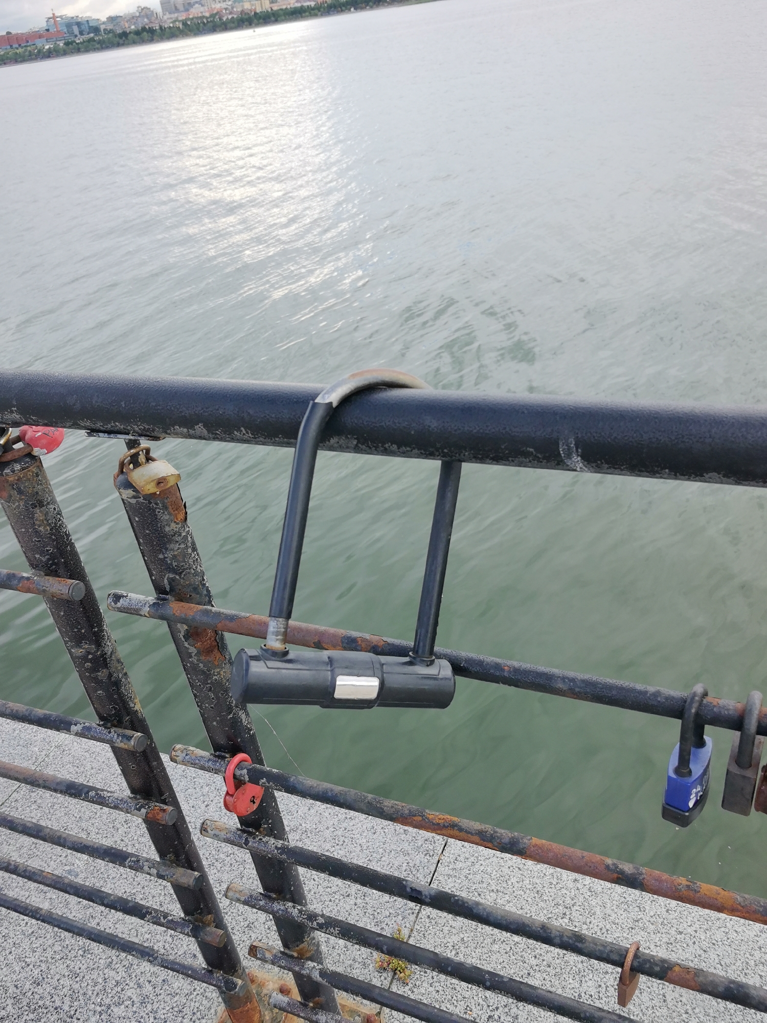 A close-up shot focuses on a black metal railing over a body of water. Attached to the railing are several love locks of varying colors and designs, including a large black U-lock, a small red heart-shaped lock, a tarnished brass padlock, and a blue padlock. The railing and its supporting posts are visibly rusted. In the background, a city skyline with buildings and trees is visible across the water, under an overcast sky. The water is a muted green, with ripples reflecting the sky. The scene appears to be a public walkway or bridge, possibly in Kazan, Russia, given the presence of love locks, a common tradition in many cities, including those in Russia.