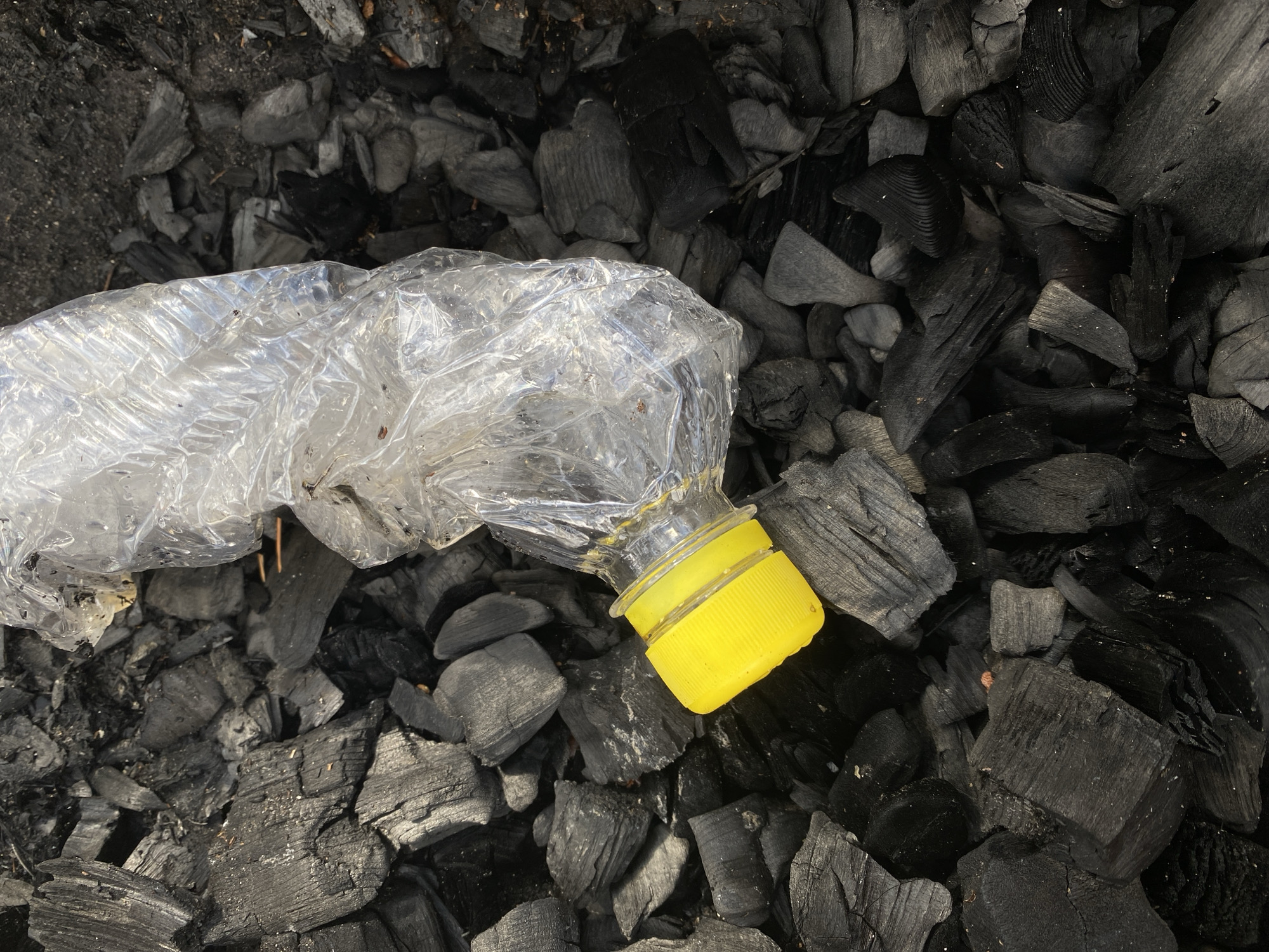 This is a close-up, overhead shot of a clear, crushed plastic bottle with a yellow cap lying on a bed of black charcoal. The bottle is mostly transparent, allowing the texture of the charcoal beneath to be seen. The charcoal pieces are of varying sizes and shapes, some appearing to be rough and jagged, while others have a more splintered texture. The overall scene is dark due to the color of the charcoal, with the bright yellow cap of the bottle providing a stark contrast. There are no people visible in the image. The context provided indicates the location as Leninsky, Russia. No text is visible in the image. The lighting appears to be natural, suggesting it could be daytime. The scene conveys a sense of discarded waste, possibly in an outdoor setting where a fire has recently been extinguished.