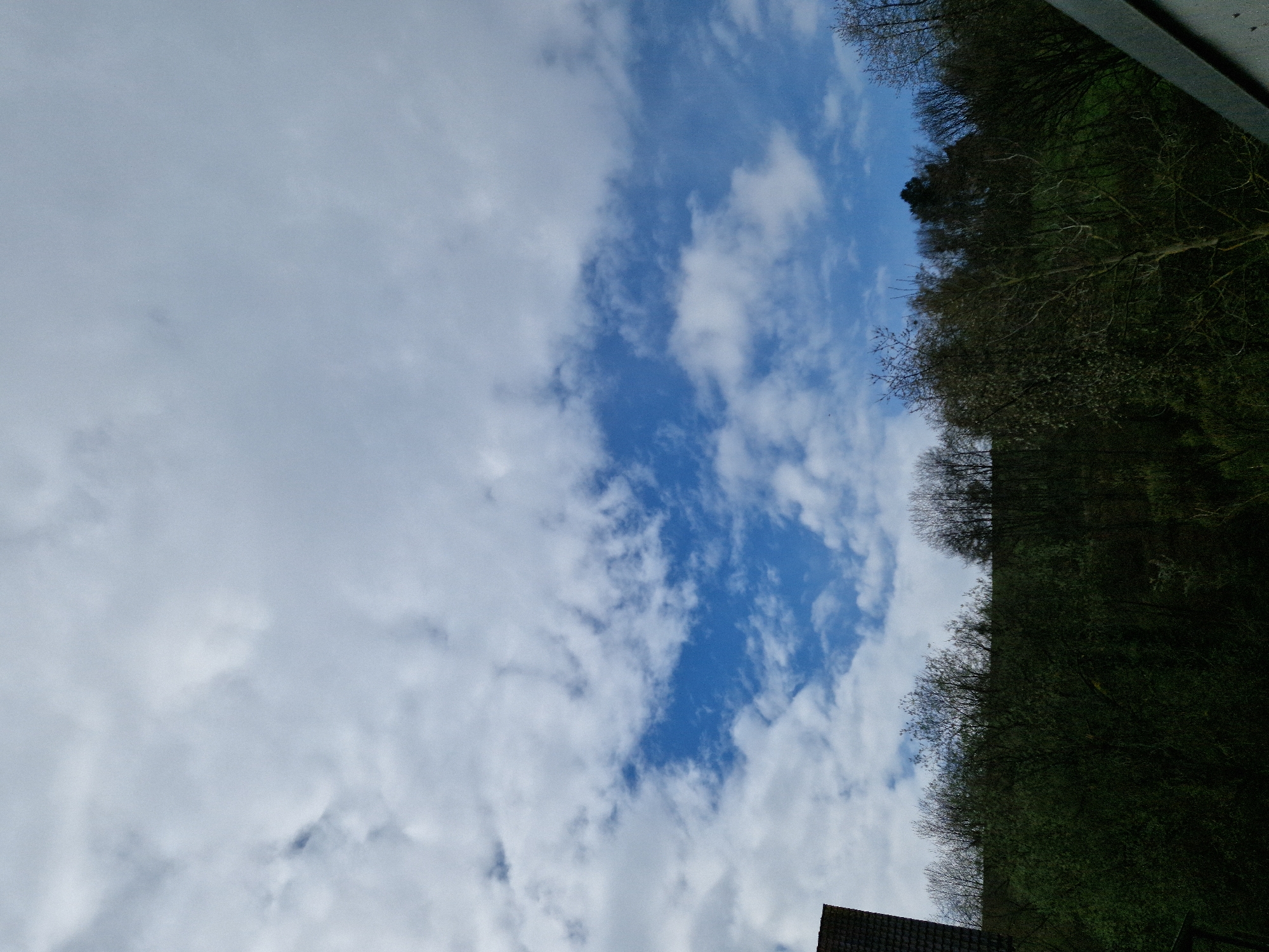 The image displays an outdoor scene in Leidersbach, Germany, encompassing a natural landscape under a partly cloudy sky, with minimal architectural intrusions. The upper two-thirds of the frame are dominated by a sky featuring extensive light grey and white stratocumulus clouds. An irregular, central patch of clear blue sky with smaller white clouds is visible within this cloud cover. The lower third of the image is occupied by a dense, dark green treeline or forest, suggesting a hillside or elevated terrain. This vegetation consists primarily of deciduous trees, many with bare branches, indicative of late winter or early spring conditions, while some exhibit nascent green foliage. A dark, angled section of a roof structure, likely tiled, is partially visible in the upper-left corner. Another dark, angular structural element occupies the lower-right corner. No human figures, animals, or discernible activities are present.