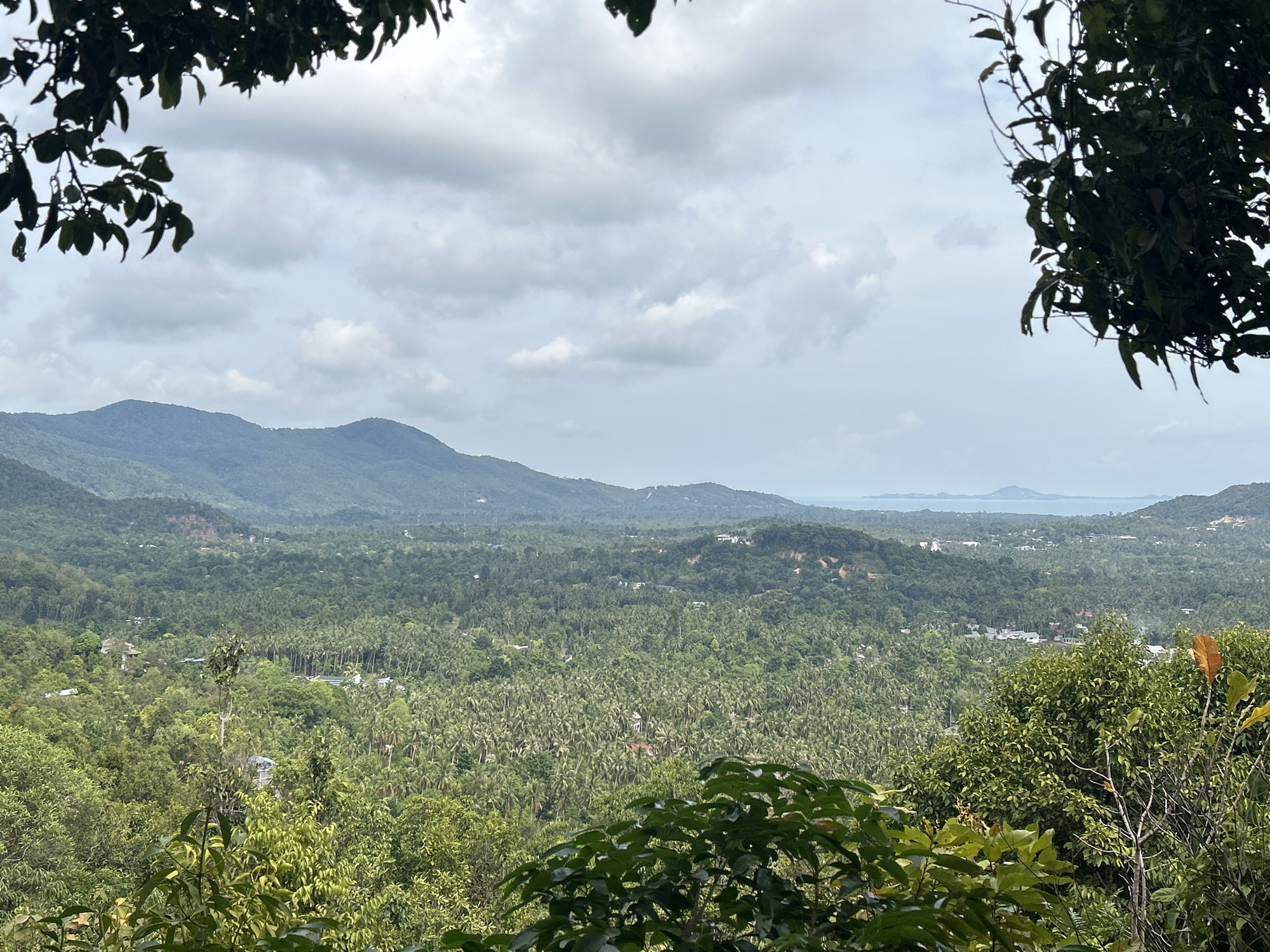 The image shows a panoramic view of the landscape in Baan Hin Kong, Thailand. Lush green vegetation, including numerous trees, dominates the foreground and stretches into the midground, appearing as a dense forest. Several hills and low mountains are visible in the background, fading into a hazy blue horizon. A body of water can be seen in the distance. The sky is overcast with a heavy layer of grey clouds. The view is partially framed by tree branches and foliage in the upper corners and lower part of the image, suggesting that the photo was taken from an elevated position within a wooded area. Buildings or structures are sparsely scattered within the dense greenery.
