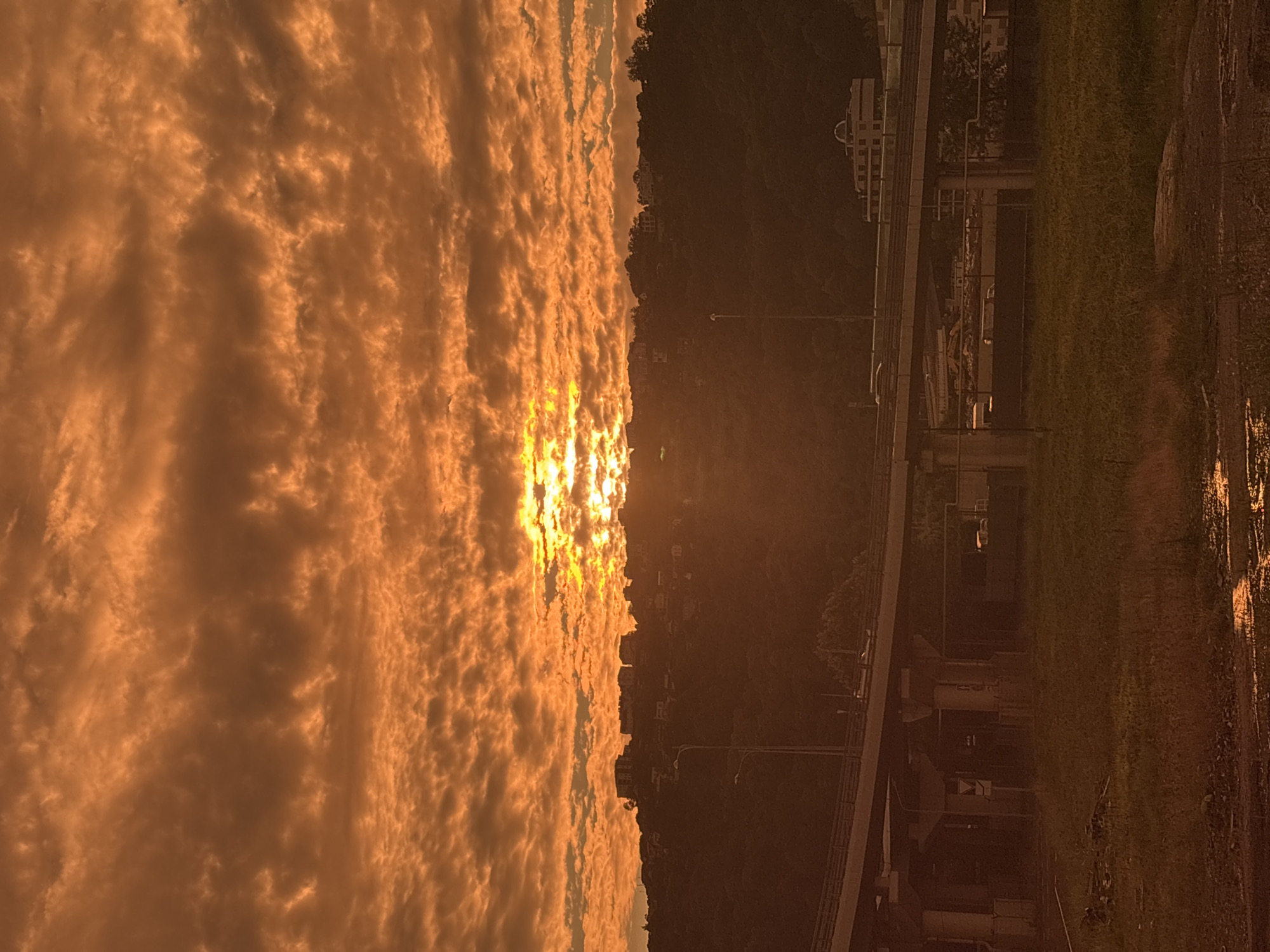 The image depicts a sunset over a hilly, urban area, likely in Sochi, Russia. The sky is filled with dense, orange clouds, illuminated by the setting sun, which appears as a bright, hazy orb peeking through the cloud cover. The sun's rays cast a warm, dramatic glow across the scene.
In the midground, a densely wooded hillside is visible, dotted with numerous residential buildings. The architecture suggests a mix of older and newer constructions, with some appearing as multi-story apartment complexes. A street light stands prominently on the hillside, its top obscured by the foliage.
In the foreground, a multi-level highway overpass dominates the lower half of the image. Concrete pillars support the elevated roadway, on which vehicles can be seen driving. The overpass casts a shadow over the area beneath it, where there are some structures and fences. A grassy field with some patchy vegetation and puddles of water is situated in front of the overpass, suggesting recent rainfall or a low-lying area. The overall atmosphere is one of a city transitioning from day to night, with the vibrant colors of the sunset providing a striking visual contrast to the urban infrastructure.