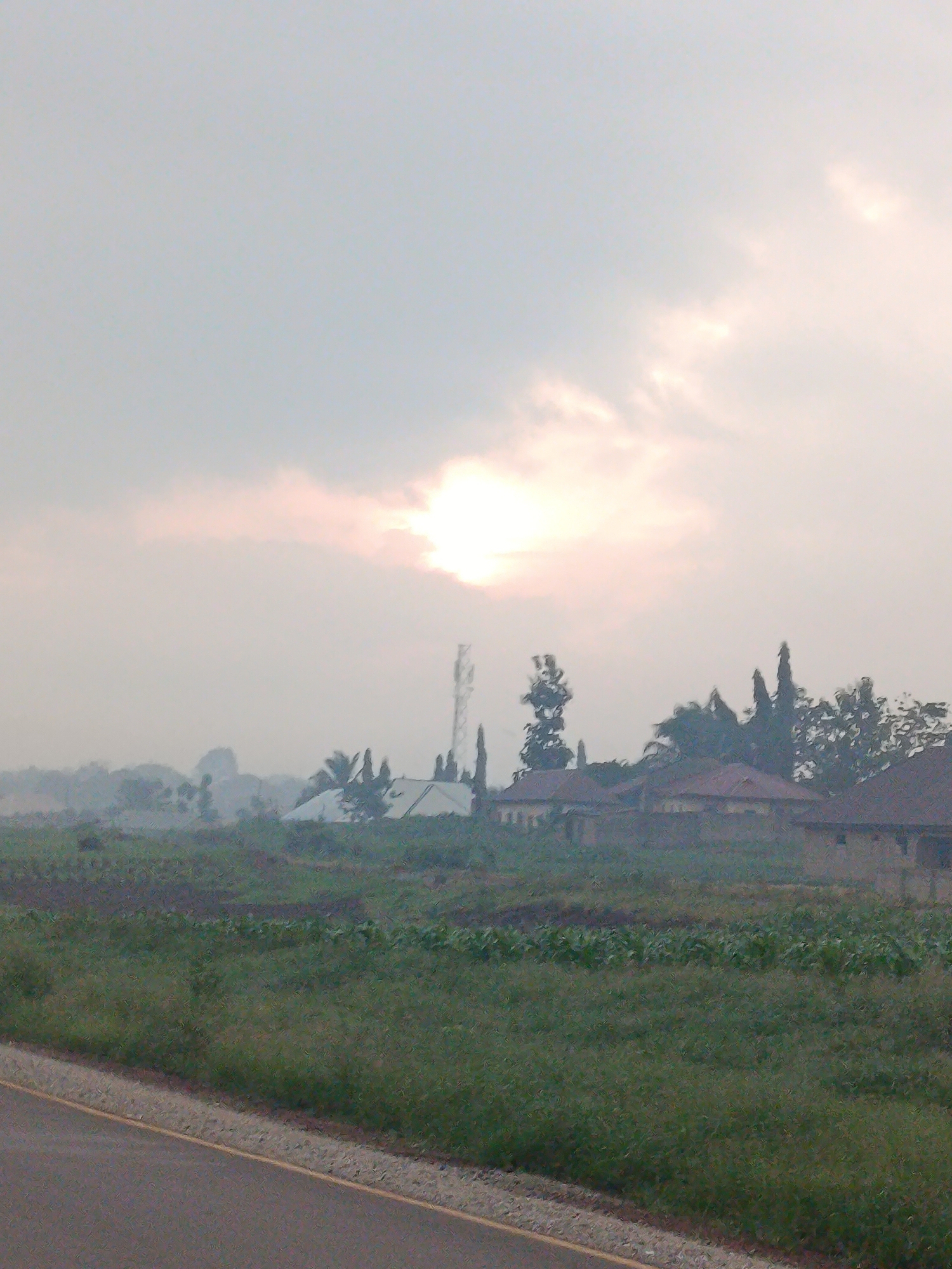The image shows a hazy, overcast sky with the sun partially obscured by clouds, casting a soft glow over a rural landscape in Maigizo, Nigeria. In the foreground, a paved road with a yellow stripe runs along the left side of the frame, bordered by a gravel shoulder. Beyond the road, a field of green vegetation, likely crops or tall grass, stretches into the midground. Scattered throughout the landscape are several buildings with reddish-brown roofs, appearing to be residential homes. A tall telecommunications tower stands prominently to the right of center. Trees and other vegetation are visible in the background, contributing to the dense, somewhat misty atmosphere. The overall scene conveys a sense of quiet rural life under a muted sky.
