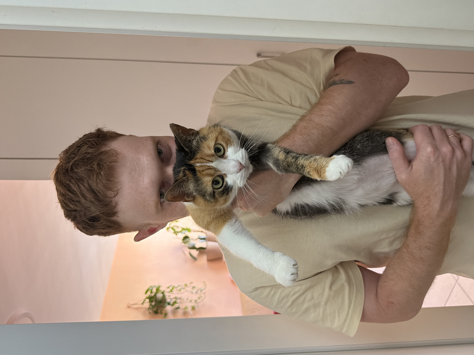 A person with short, reddish-brown hair and freckles is holding a calico cat. The person is wearing a light beige t-shirt. The cat is held in front of the person, with its face visible. The background shows a lightly colored wall and a doorway. The scene appears to be indoors, possibly in a residential setting. The lighting is warm and diffused.