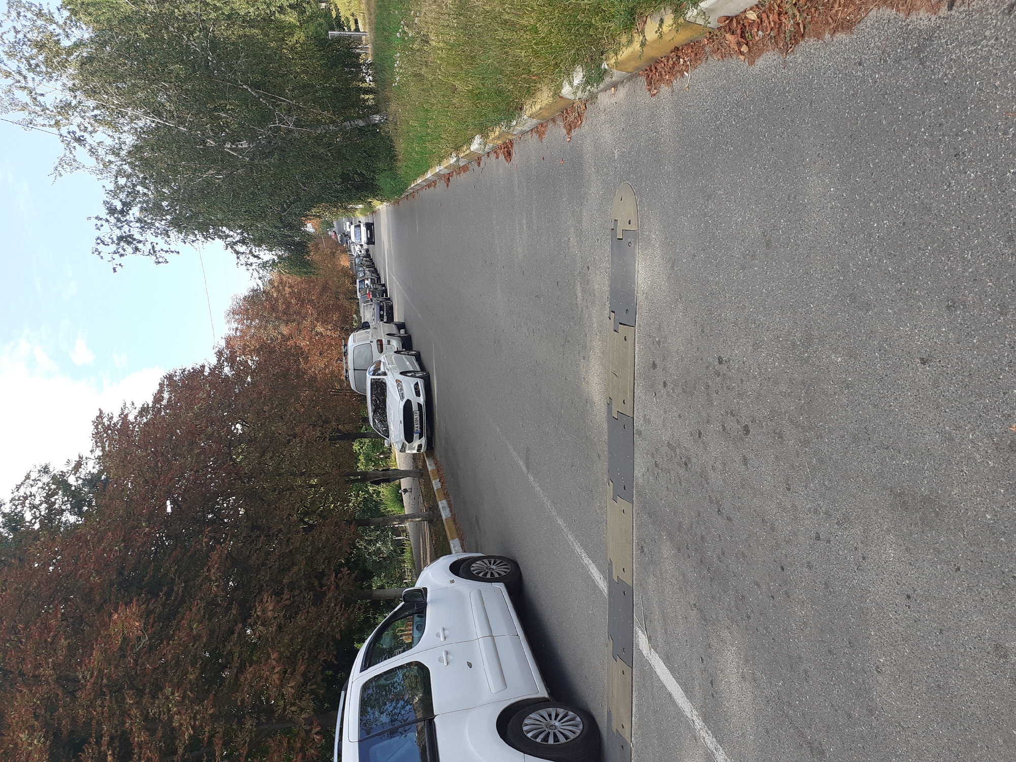 The image shows a paved road in Obukhiv, Ukraine, lined with trees on both sides. The trees on the left have reddish-brown leaves, suggesting autumn. The road is populated with a line of parked cars and several moving vehicles further down. A white van is parked on the left side of the road, and a white sedan is seen further down on the right. A speed bump is visible in the foreground, crossing the width of the road. The sky is partly cloudy. The right side of the road features a grassy embankment with fallen leaves along the curb.
