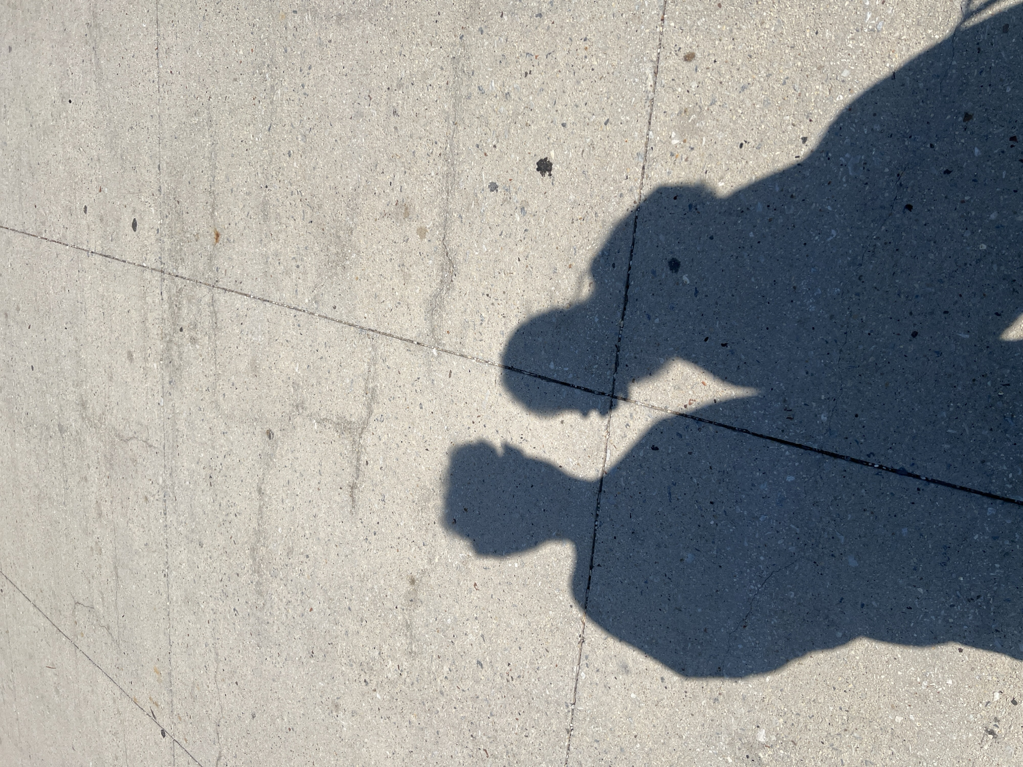 The image depicts a sidewalk surface in an urban environment. The sidewalk is made of concrete, featuring light gray tones, and contains minor cracks and dark spots. A shadow of two figures is cast on the sidewalk. The exact location is unknown, but it is an urban area.