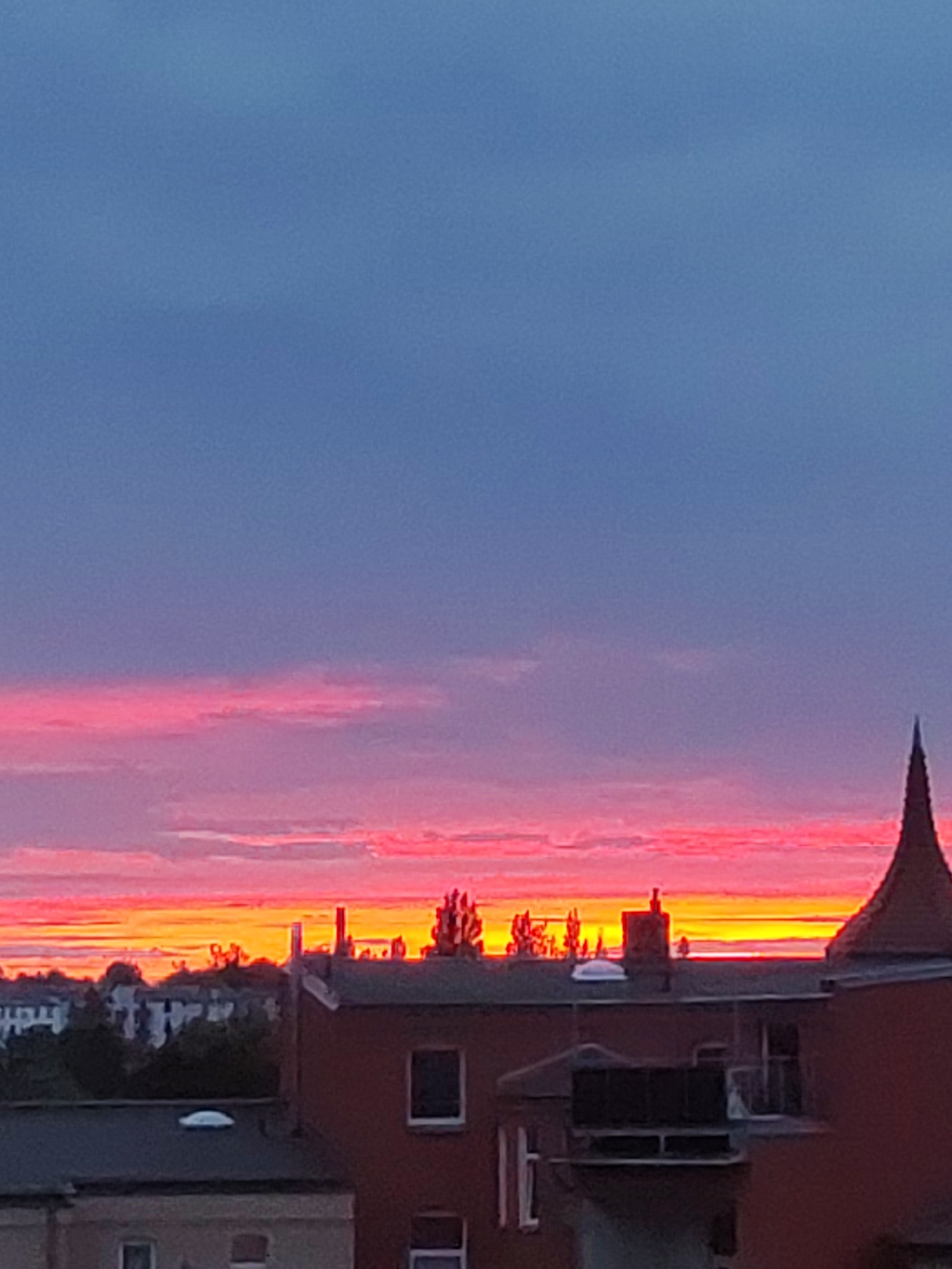 The image shows a cityscape at dusk. The sky is a gradient of deep blue at the top, transitioning to vibrant pink and orange hues near the horizon, indicating a sunset. Silhouetted against the colorful sky are the rooftops of buildings, some with chimneys and dormer windows. A conical turret-like structure is visible on the right side of the frame. In the background, a distant line of more buildings and trees is discernible. The overall scene is a twilight view of an urban environment. The image does not contain any people or discernible actions. Based on the architectural style and the presence of a prominent spire, this could be a view of the city of Schwerin, Germany, however, this cannot be definitively confirmed without further information.