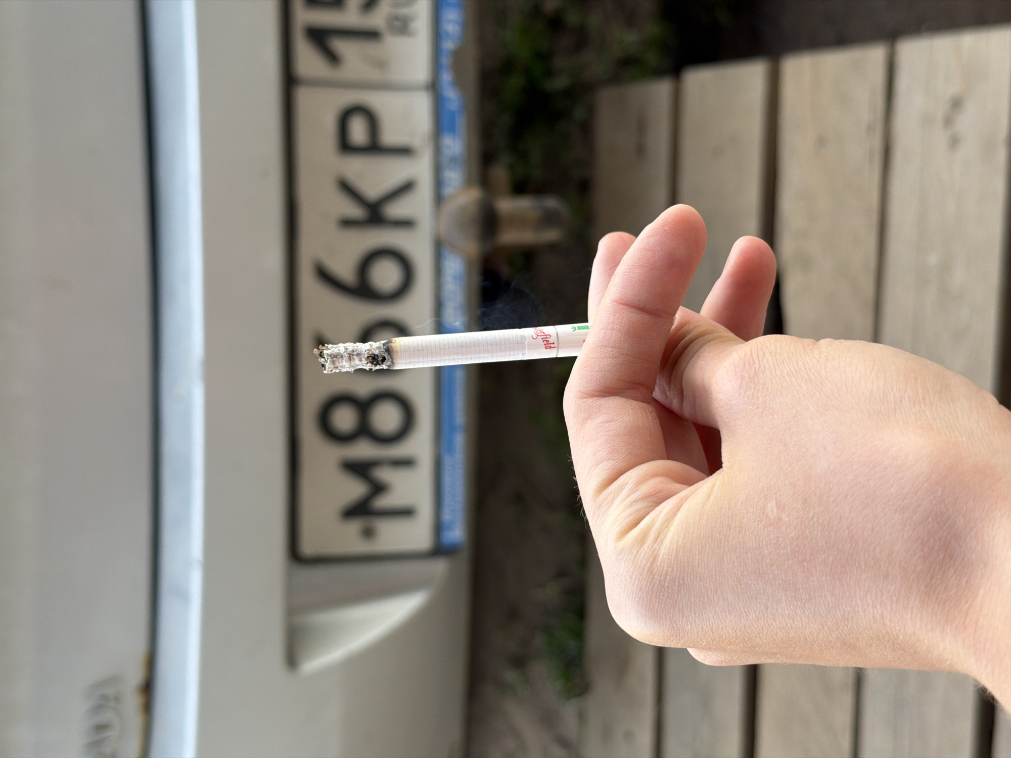 A hand holds a lit cigarette in front of a car's license plate and a blurred background. The license plate reads "M86KP 15 RU," indicating a vehicle registered in Russia. The background features a blurred view of what appears to be wooden planks and some greenery. The scene is located in Chaikovsky, Russia.