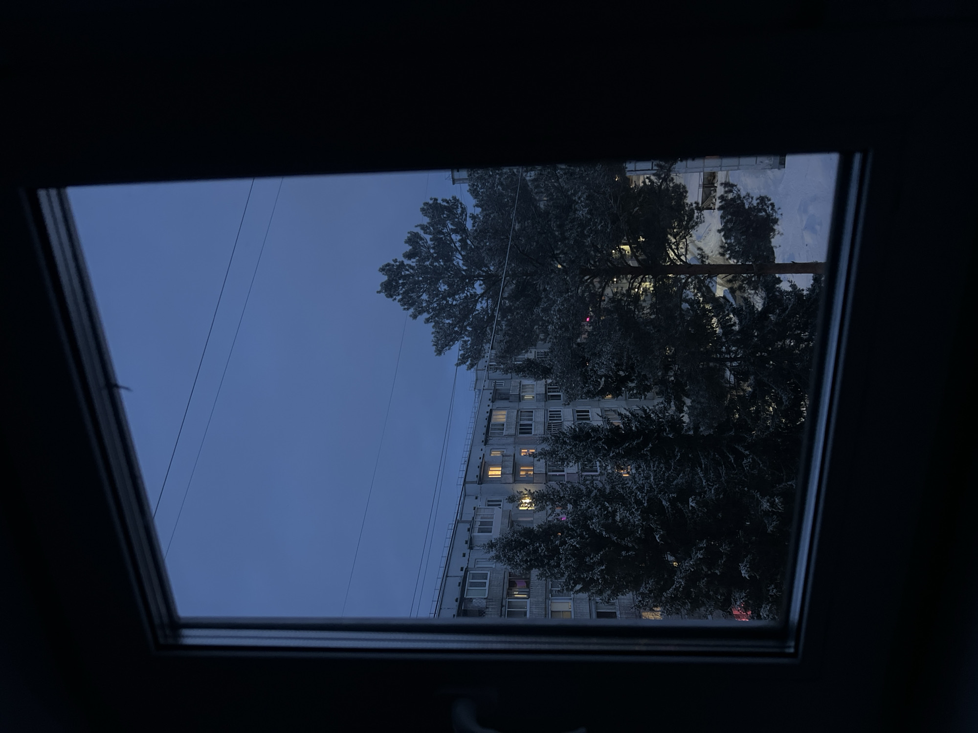 The image depicts an upward view from inside a dark room, framed by a window or skylight. The view outside shows a multistory building, likely an apartment complex, partially obscured by bare trees. Some windows in the building are illuminated, suggesting the time is dusk or night. Power lines are visible against a dark blue or grey sky. The photograph appears to be taken from a low vantage point, looking upwards. Although the exact location cannot be confirmed, the style of the building, and the presence of trees, are consistent with the architecture and landscape typically found in Ust-Ilimsk, Russia. The image shows no people, and the focus is solely on the urban landscape viewed through the window.