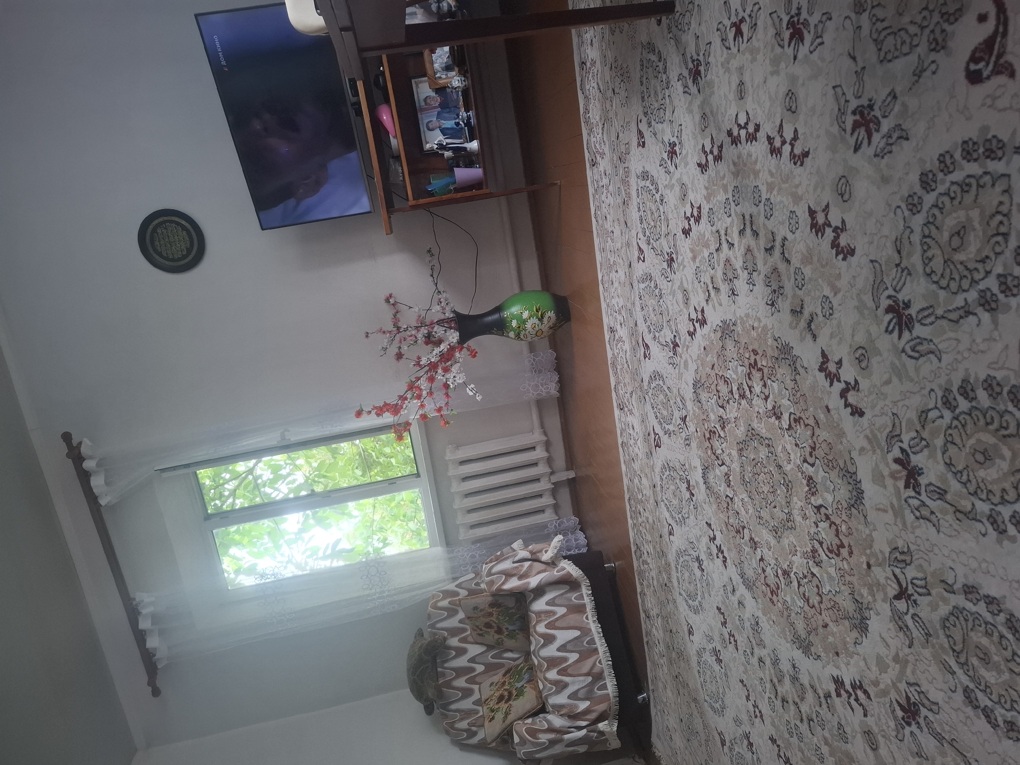 The image depicts an interior scene of a room, likely a living area, in Almaty, Kazakhstan. A large, patterned rug covers a significant portion of the floor, with a wooden floor visible beneath it. A dark wooden table or shelf unit is positioned against the wall, supporting a flat-screen television displaying a person's face. Below the television, on the shelf, are several decorative items, including framed photographs, a pink object, and some colorful plastic items.
To the left of the television, a round, ornate wall decoration is visible. In the foreground, a green vase with a floral pattern holds a branch with red and white artificial flowers. A radiator is present on the wall near a window. The window, partially covered by sheer white curtains, looks out onto lush green foliage, suggesting it is daytime and the weather is pleasant. A portion of a sofa or armchair, draped with a patterned throw blanket, is visible in the lower right of the image. The overall impression is one of a lived-in, domestic space.