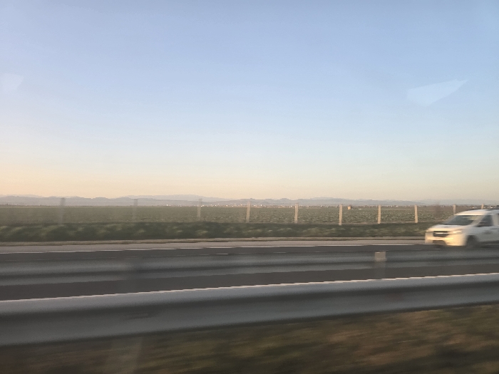 The image displays a panoramic roadside view, likely captured from a moving vehicle, situated in an area consistent with the vicinity of Diadovo, Bulgaria. The sky transitions from a pale blue at the zenith to a faint peach-orange near the horizon, indicating either early morning or late afternoon.
In the immediate foreground, a dark, indistinct area suggests the interior of the capturing vehicle. Below this, a multi-lane asphalt roadway is visible, featuring a metal guardrail separating the lanes closest to the viewer from the primary traffic lanes. White lane markings are present on the dark road surface, exhibiting motion blur.
A white van, heavily blurred horizontally by motion, is depicted traveling from right to left across the frame on the far lanes of the road. Its front section appears brightly illuminated. Beyond the roadway, a narrow strip of green grass precedes a large, flat agricultural field covered with green vegetation. This field is demarcated in the mid-distance by a fence line composed of regularly spaced, light-colored vertical posts.
In the background, a low, hazy line of distant hills or mountains is discernible, above which scattered points of light suggest a distant urban or semi-urban area. No individuals are visible.