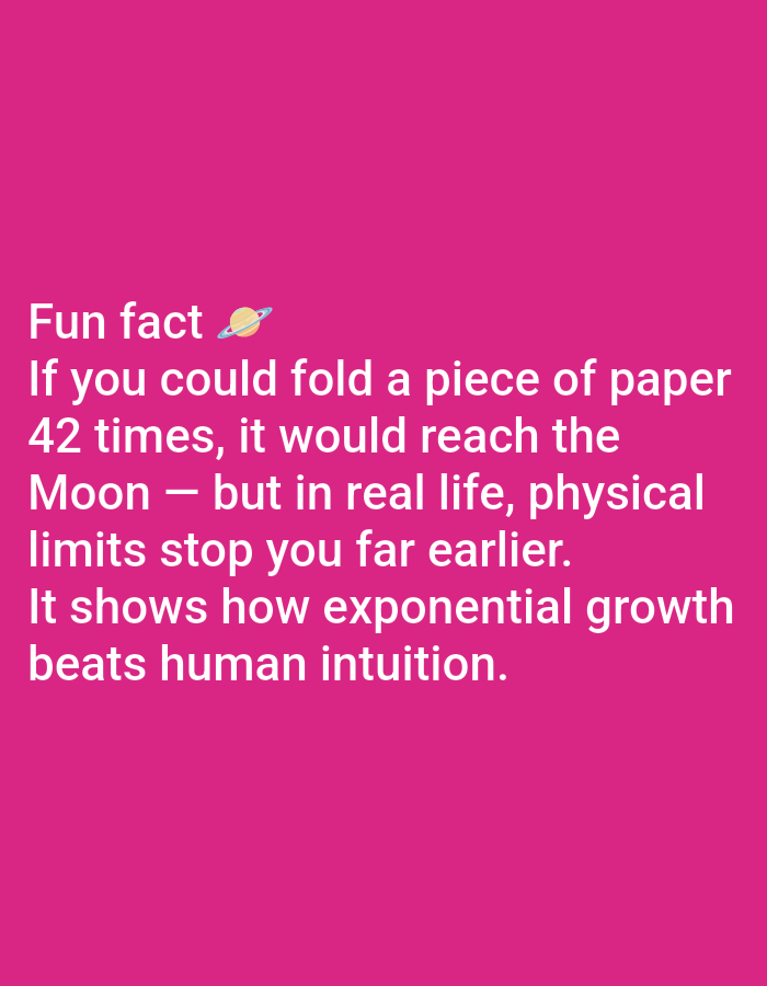 The image contains text on a pink background. The text reads: "Fun fact 🪐 If you could fold a piece of paper 42 times, it would reach the Moon — but in real life, physical limits stop you far earlier. It shows how exponential growth beats human intuition." There is no indication of a location in Lagos, Nigeria.