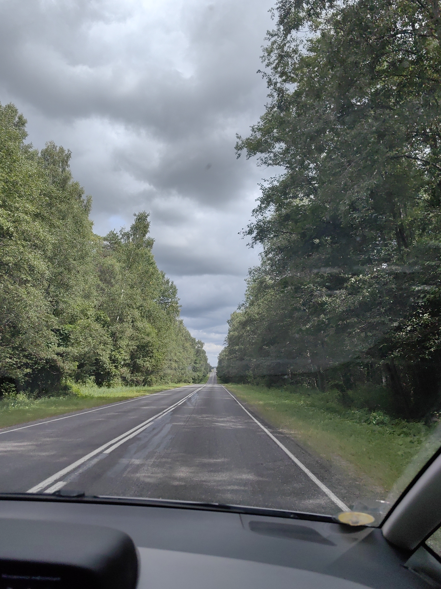An asphalt road with double white lines stretches into the distance, flanked by dense green trees on both sides. The sky above is overcast with heavy, gray clouds. The road surface appears wet in patches, suggesting recent rain. The viewpoint is from inside a vehicle, looking forward through the windshield, with the dashboard visible in the foreground. The scene is likely a rural area, possibly a highway or a scenic route. The location is specified as Юнькаўскі сельскі Савет, Belarus. There are no people or specific actions depicted, just the environment of a road trip under a cloudy sky.