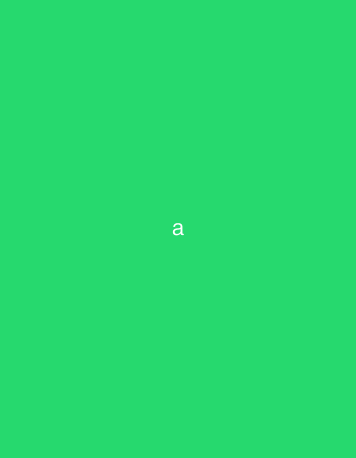 The image displays a plain, solid green background. Centered on this monochromatic field is a single, lowercase letter "a". The letter is rendered in a light color, likely white or a very pale grey, providing a stark contrast against the vibrant green. There are no other subjects, objects, or activities depicted in the image, creating a minimalist and abstract composition. The scene lacks any specific environmental cues, time of day, or emotional indicators.