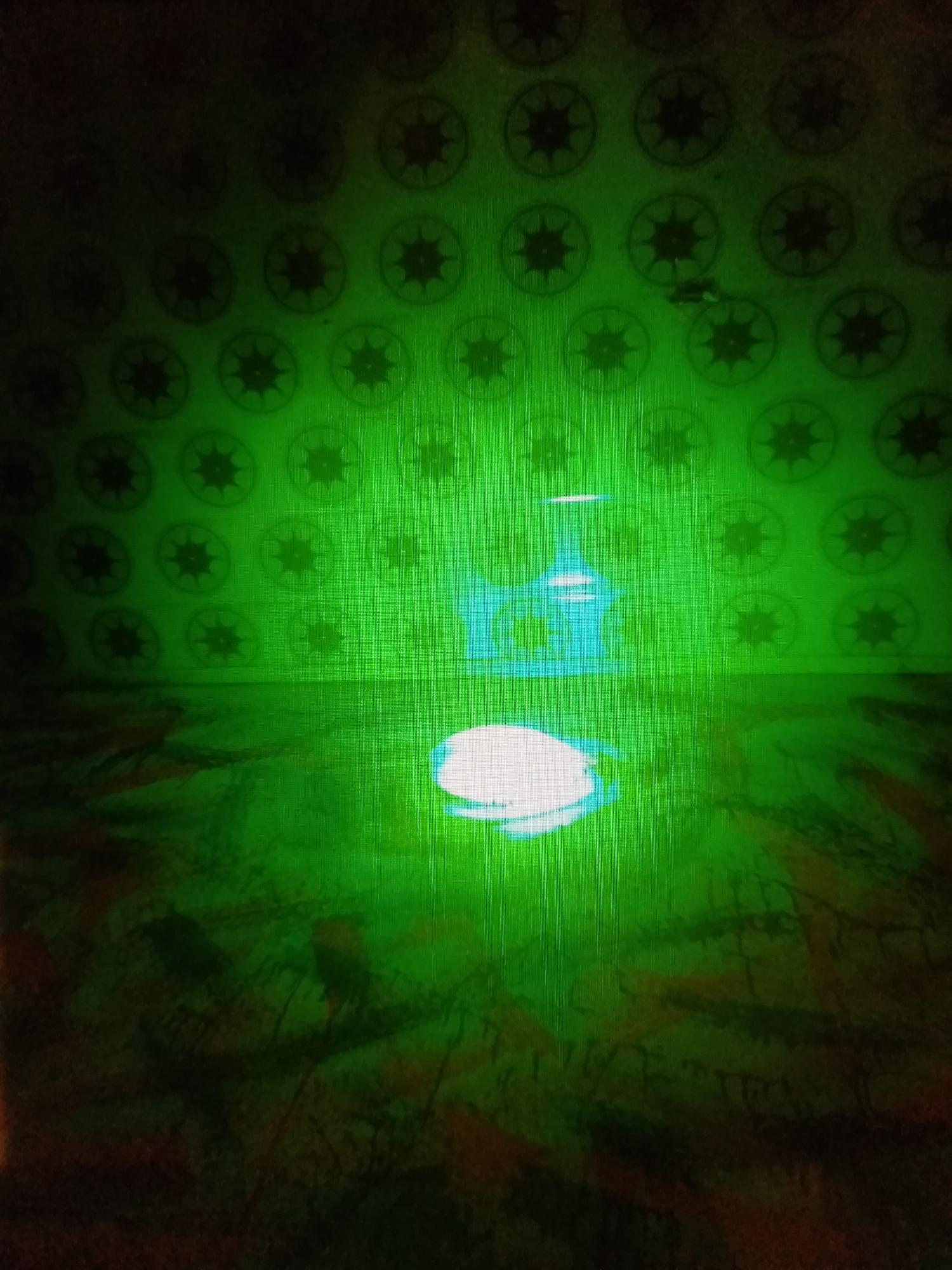 The image depicts a dimly lit room with a green patterned wallpaper and a patterned floor. A bright white light source is visible on the floor in the foreground, casting a bright glow and reflecting on the surface. The wallpaper features a repeating pattern of circular shapes with star-like protrusions. The overall lighting suggests a low-light environment, with the green light dominating the scene. There are no people or discernible human activity visible in the image. The location in Jalingo, Nigeria, is not evident from the image itself.