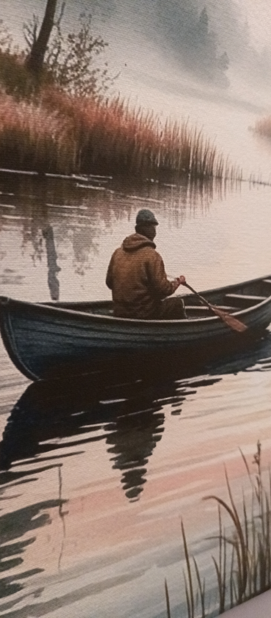 A watercolor painting depicts a lone figure in a canoe on a tranquil body of water. The figure, seen from the back, wears a brown hooded jacket and a cap and is holding a paddle. The canoe is dark and appears to be made of wood. The water reflects the sky and surrounding reeds, creating a soft, diffused light. The background features a misty landscape with tall grasses or reeds along the shore and a hint of trees. The overall mood is serene and peaceful, evoking a sense of solitude in nature. The location in Glukhovo, Russia, is not discernible from the visual information provided in the image.