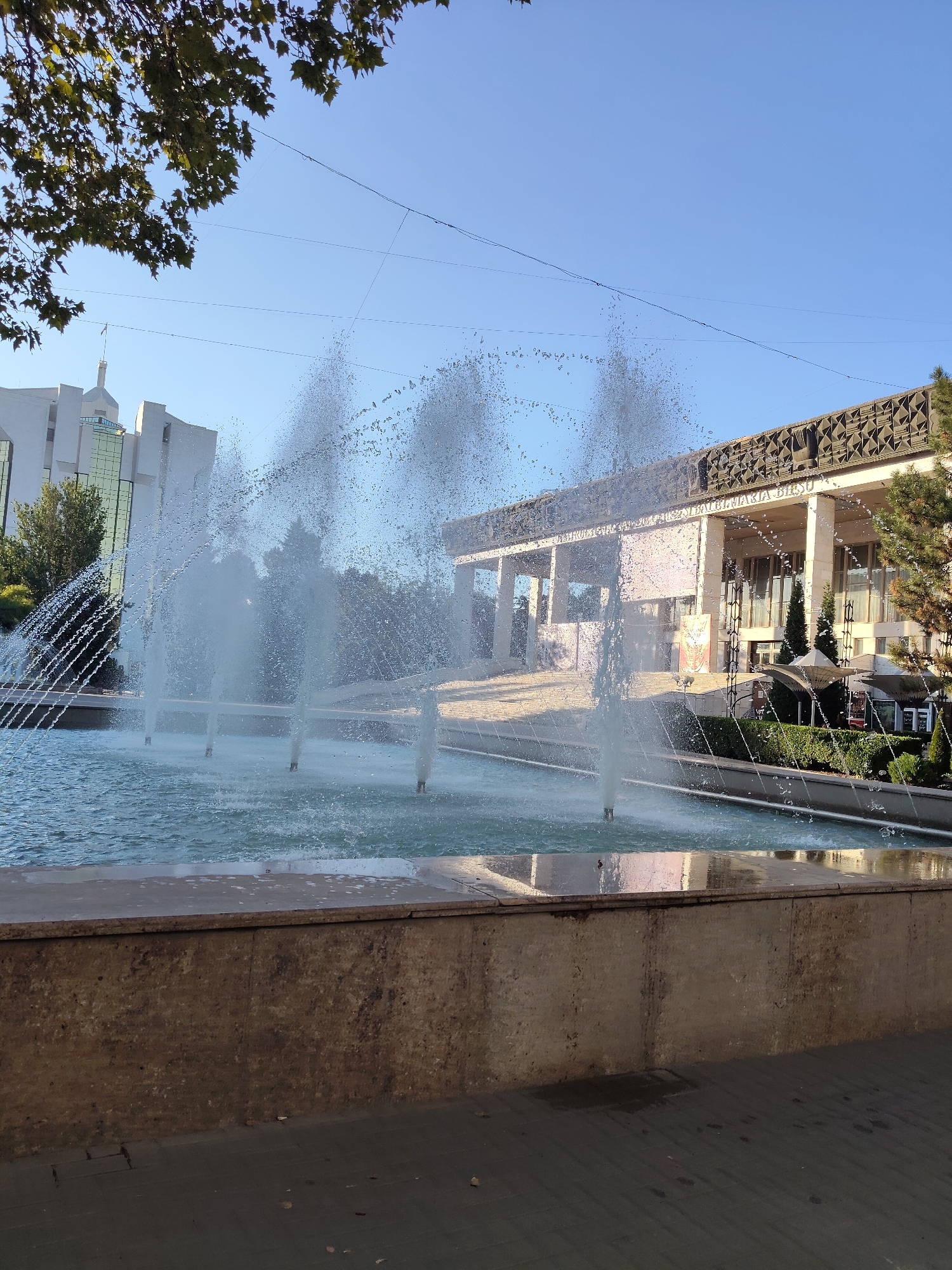 The image shows a public fountain in the city of Chișinău, Moldova. The fountain has multiple jets of water spraying upwards into a pool of clear blue water. In the background, there is a large, modern building with a neoclassical facade, featuring columns and intricate carvings. The building appears to be a public institution, possibly a government building or a cultural center. The sky is clear and blue, indicating a sunny day. A few trees with green leaves are visible on the left side of the image, and some smaller trees and bushes are planted in front of the building. The foreground shows a concrete walkway and a stone wall bordering the fountain.
