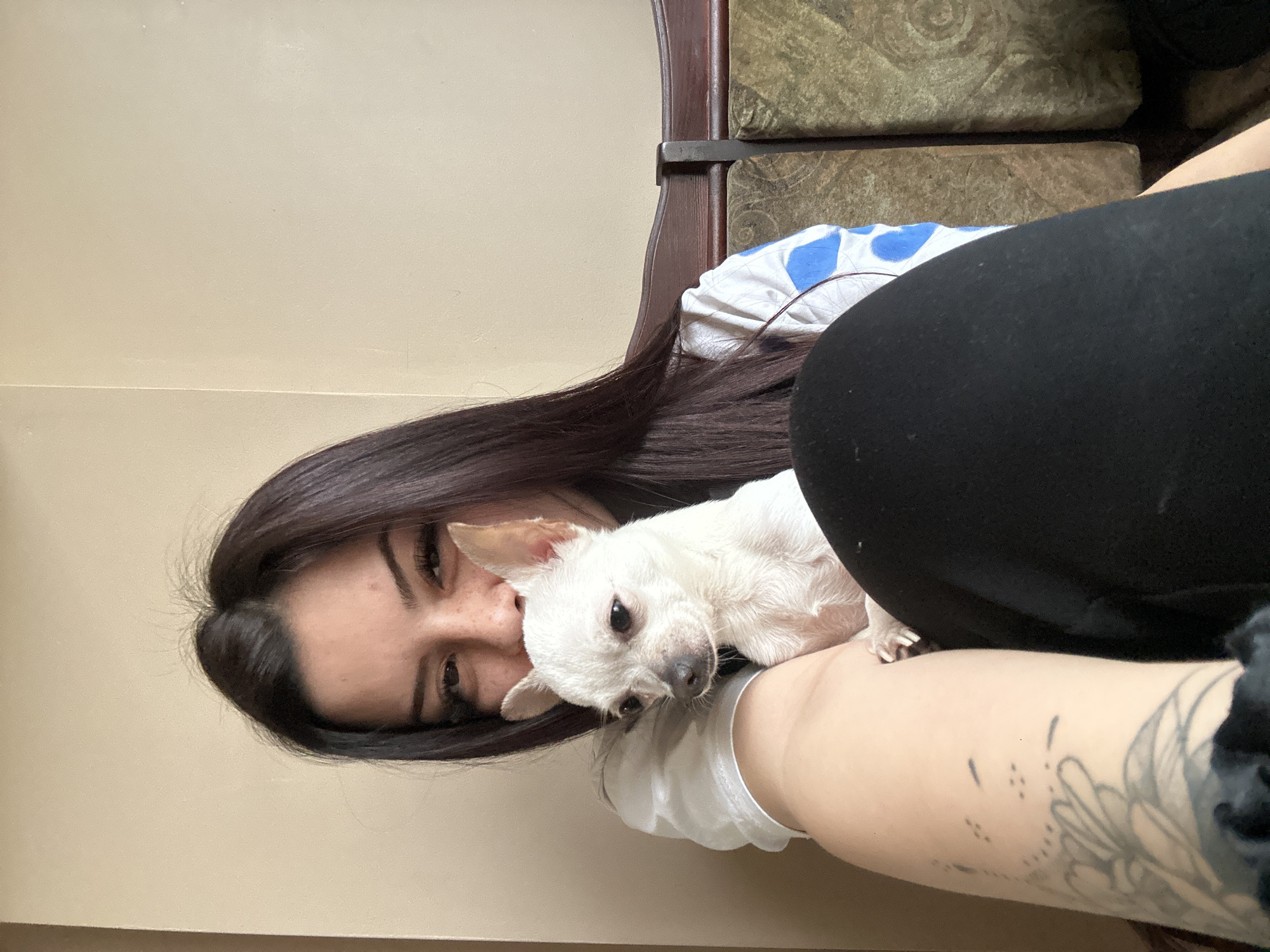 A woman is holding a small, white dog. The woman has long, dark hair, brown eyes, and freckles. She is wearing a white t-shirt and black pants. She has a tattoo on her left arm. The dog is lying on her left arm. The background is a beige wall and a wooden chair. The image was not necessarily taken in Sliven, Bulgaria.