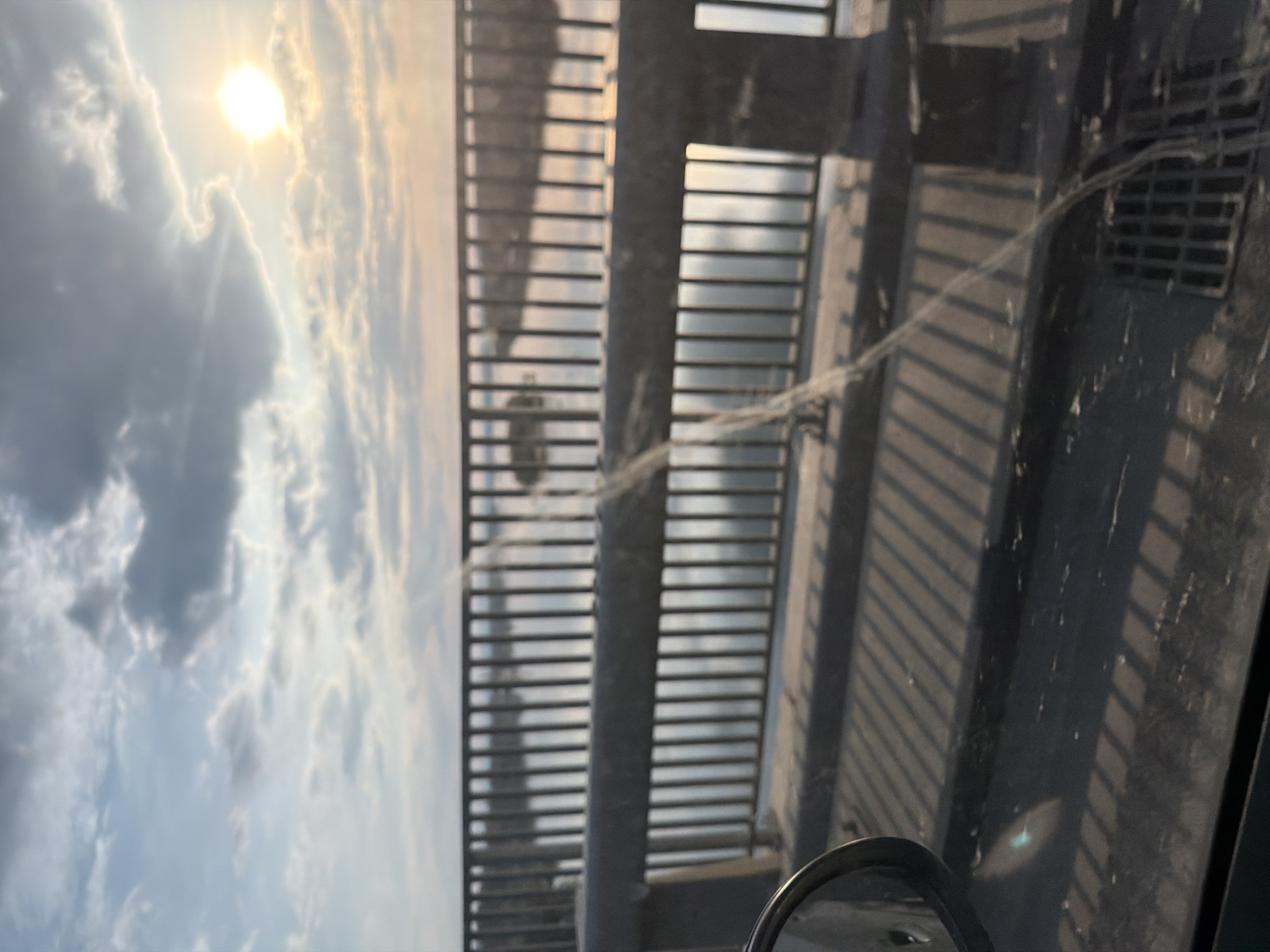 The scene depicts a view from inside a vehicle, positioned on a bridge asserted to be in Antimovo, Bulgaria, looking northeastward during what appears to be a sunrise or sunset. The upper third of the frame shows a partially cloudy sky with the sun visible on the upper right, emitting a bright, diffuse light and lens flares. Below the sky, a dark-colored metal bridge railing spans horizontally across the middle, consisting of a solid top rail, a thicker horizontal beam, and numerous vertical balusters. Beyond the railing, a body of water is visible, reflecting the ambient light and sky. The lower foreground shows a dark, textured surface, identified as part of the vehicle's interior or exterior, with distinct, elongated shadows cast by the bridge's vertical balusters, indicating a low sun angle. A small section of a vehicle's side mirror is visible on the far left. On the lower right, a rectangular metal grate is embedded in the surface. Several thin, translucent fibrous strands are present in the foreground, draped across the bridge railing and extending downward towards the vehicle's surface, indicating proximity to the camera lens. No individuals are visible in the scene.
