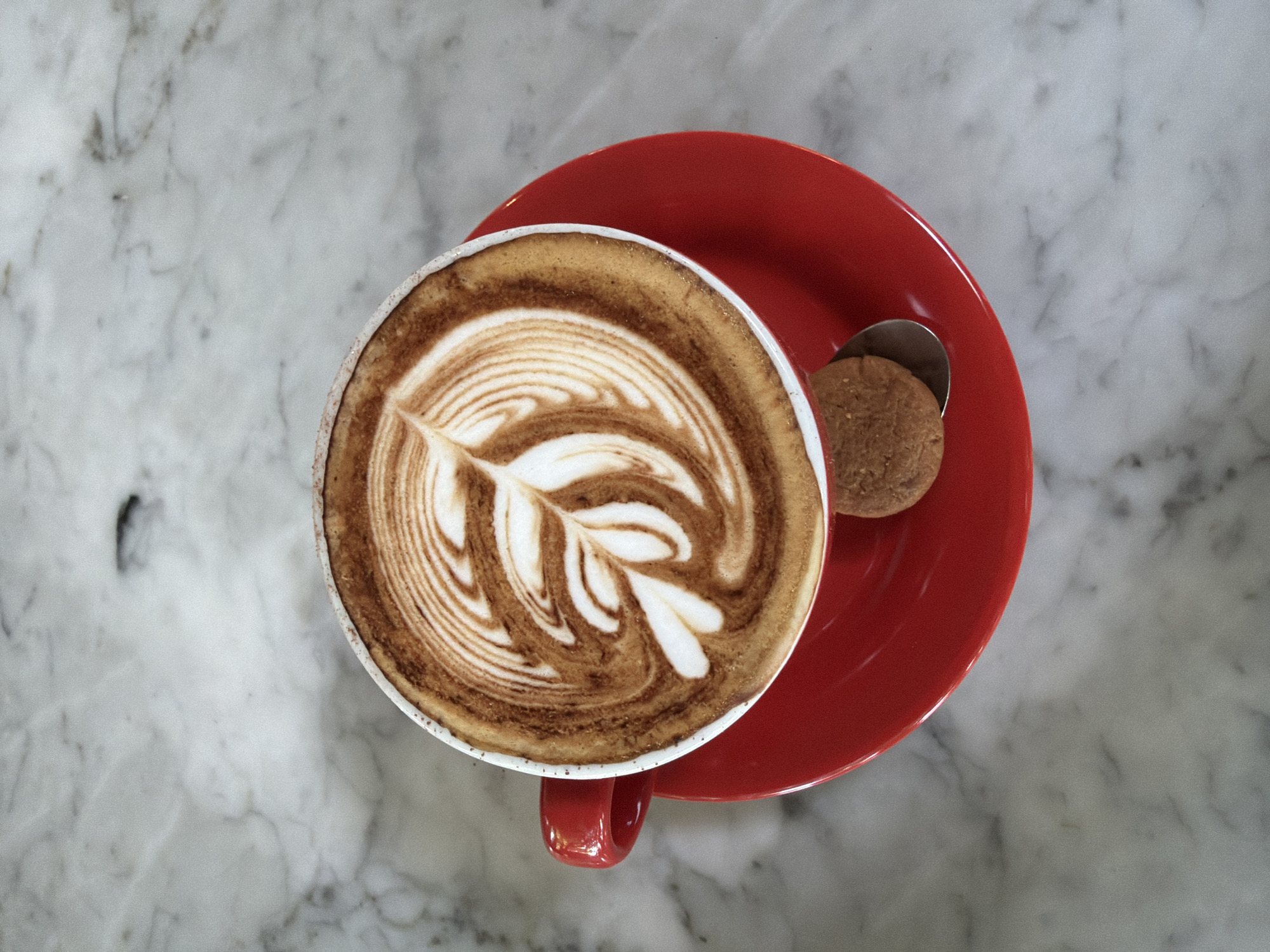 A high-angle, close-up shot shows a cappuccino served on a red saucer, with a small cookie resting alongside the cup on the saucer. The cappuccino displays latte art in the shape of a feathered leaf. The cup and saucer are placed on a light gray marble surface. The location is North Kuta, Indonesia, as indicated by the image's geotag. No people are visible. The scene captures a moment of coffee service.
