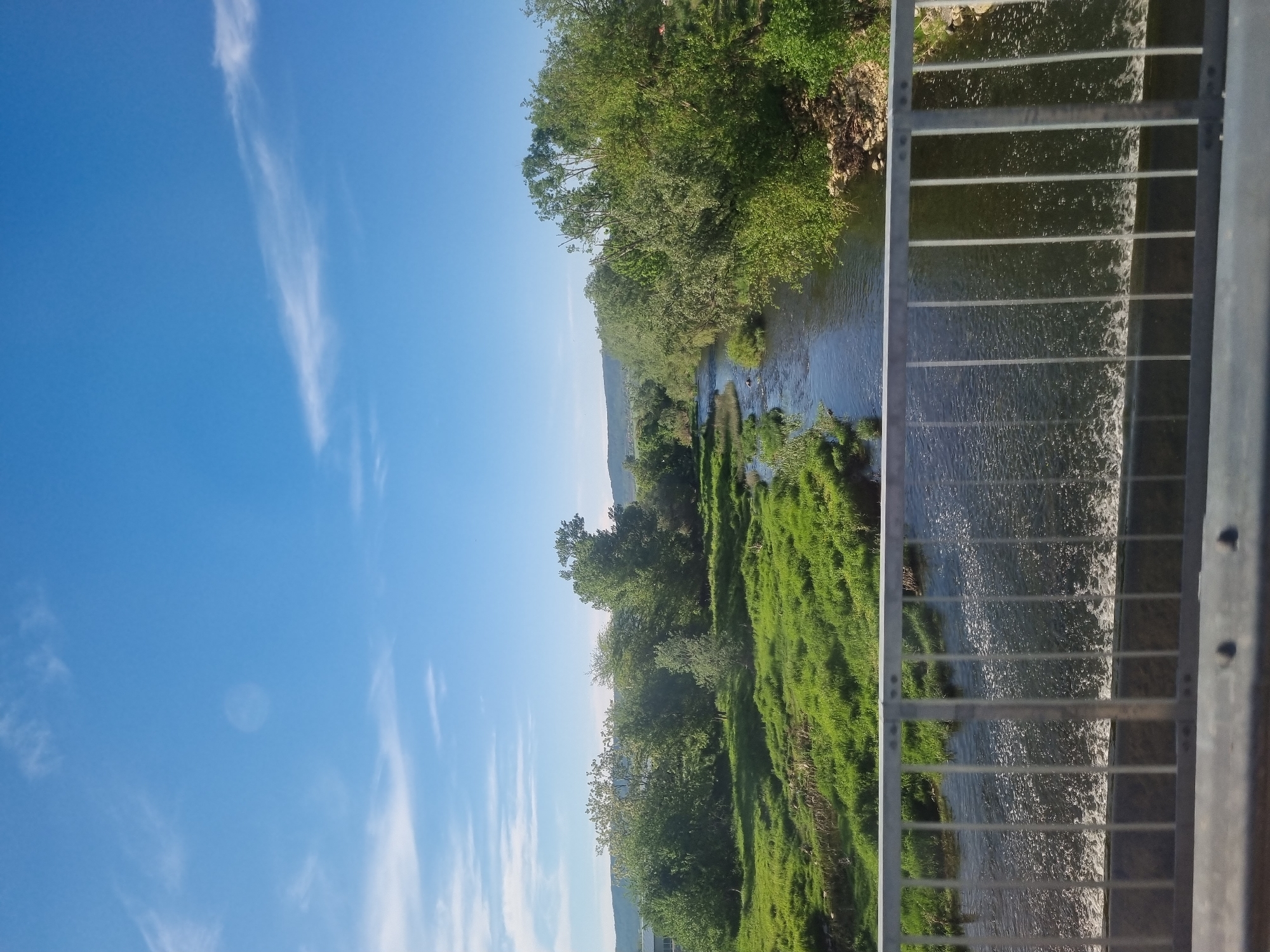 A river landscape with a view from a bridge in Zlataritsa, Bulgaria, is seen. The river flows between lush green banks dotted with trees and vegetation. The clear blue sky is marked with streaks of clouds. A grey metal bridge railing is visible in the foreground, partially obscuring the view of the water.