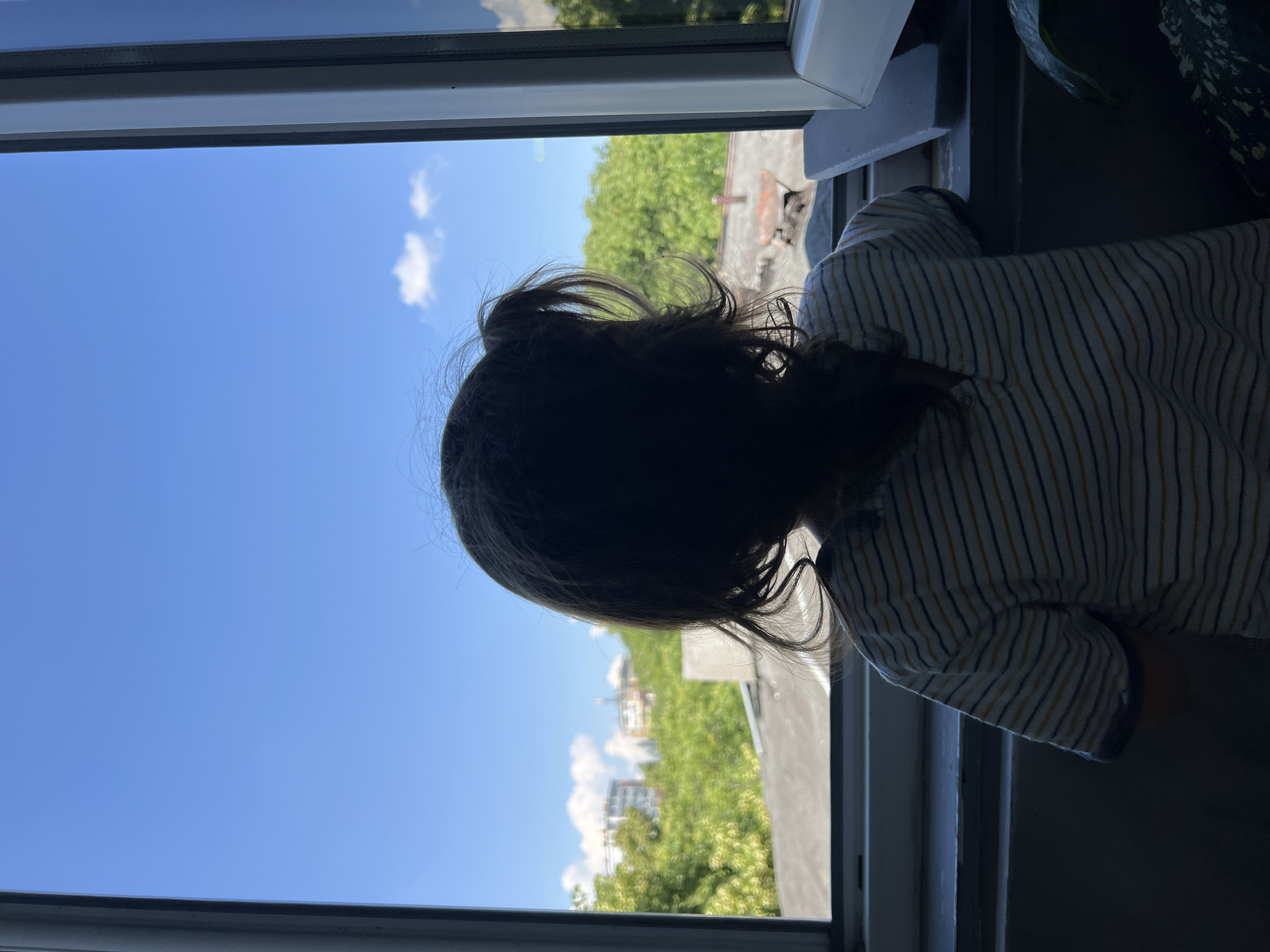 A child with long, dark hair tied in a ponytail looks out of a window at a cityscape. The child is wearing a striped t-shirt. The window frame is white and grey. Outside the window, there are green trees, rooftops, and buildings. The sky is blue with a few white clouds. The scene appears to be in an urban residential area.