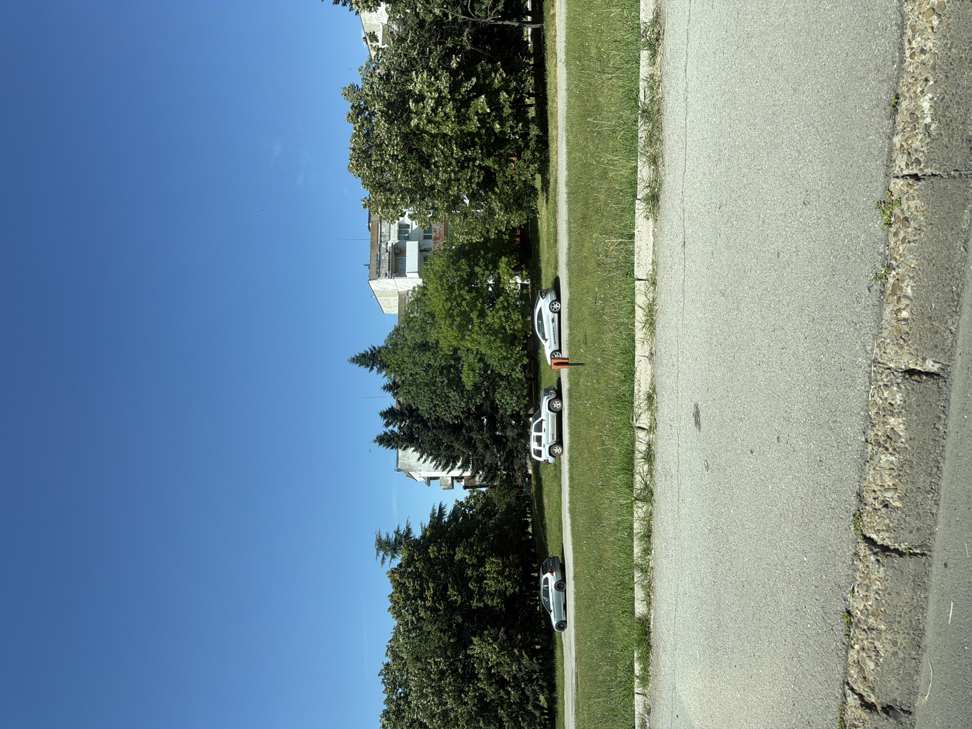 The image depicts an outdoor scene, likely taken during the daytime under a clear blue sky, indicating fair weather. The orientation of the image suggests it might have been captured with the camera held sideways.
In the foreground, a paved road is visible, with a rough concrete curb and patches of grass along its edge. Adjacent to the road is a grassy area, and further beyond that, a paved pathway. Lining this pathway are several trees, varying in size and density, with lush green foliage. Some of these trees appear to be mature, while others are younger.
In the background, there are buildings, possibly apartment blocks, with multiple stories and visible windows. These buildings are situated amidst the trees. Parked along the pathway are two white cars. The first car, further away, is a white SUV, and the second car, closer to the foreground, is a white compact car. Both vehicles appear to be stationary.
The overall scene suggests a residential or semi-urban environment with green spaces. There is no visible text in the image. The context provided places the location as Dolno Ablanovo, Bulgaria.