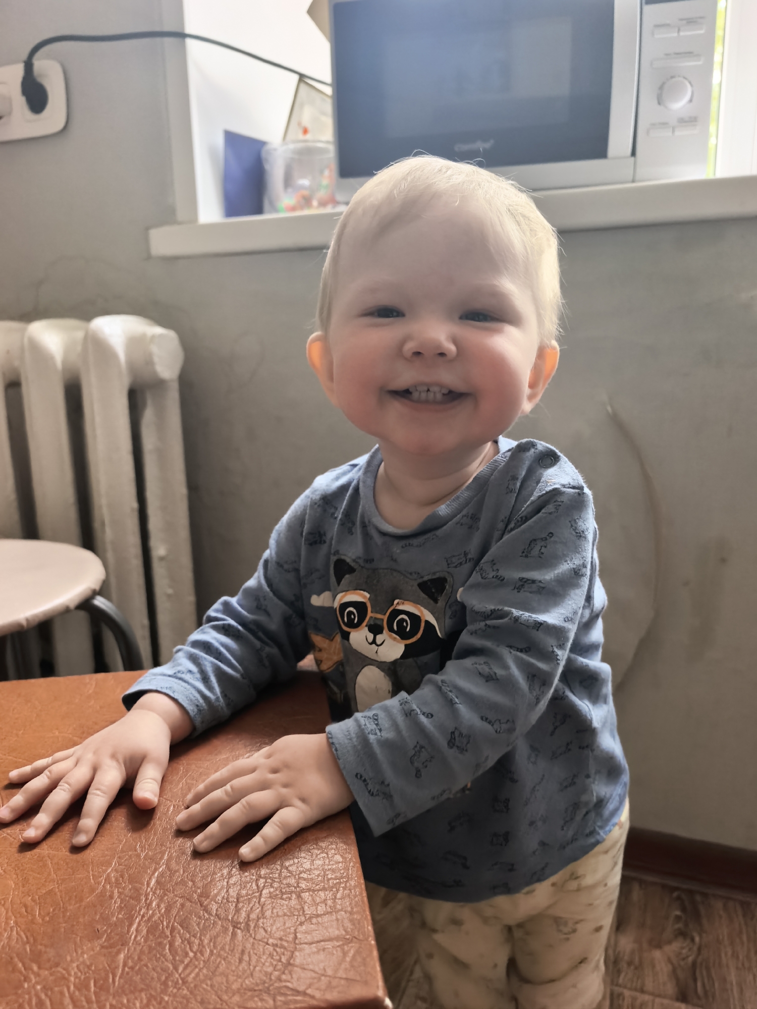 This indoor photograph, taken in what appears to be a home in Sterlitamak, Russia, features a smiling toddler standing upright, holding onto a brown, textured table or countertop. The child has light blonde hair and is wearing a blue long-sleeved shirt with a prominent graphic of a raccoon wearing sunglasses, paired with light-colored, patterned pants. Their broad smile conveys a joyful and happy emotion.
The background reveals a domestic setting. To the left of the child, a white radiator and a small, round table or stool are visible. Further back, a white wall socket with a black cable plugged in can be seen. On a white shelf or windowsill behind the child, a silver and black microwave oven, branded "Comfee," is positioned. Through the window behind the microwave, green foliage is discernible, suggesting it is daytime. A clear container with colorful objects and a blue folder are also present on the windowsill. The floor beneath the child is made of wood. The overall scene captures a candid, cheerful moment of the child.