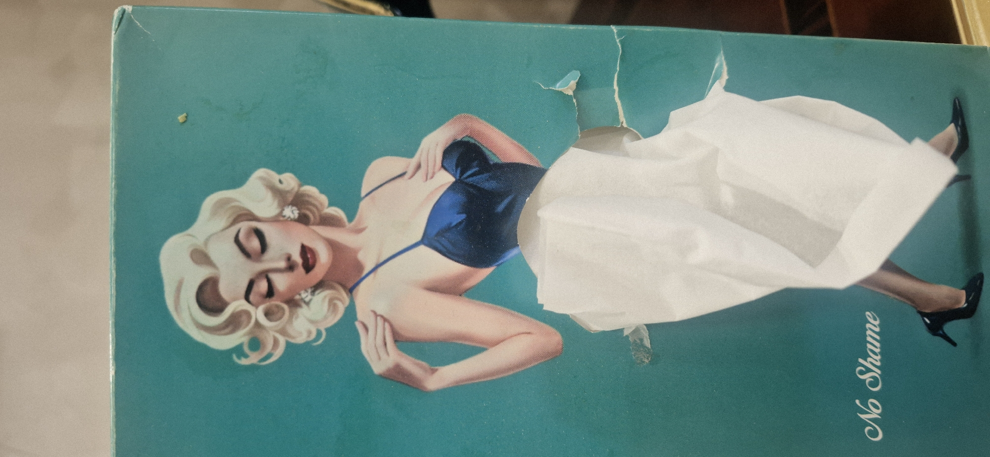 A close-up shot features a box of tissues. The box has a light teal background. An image of a reclining woman is depicted, wearing a dark blue, low-cut top. A white tissue emerges from the box, creating the illusion of a white skirt on the woman. The woman has blond, curly hair and is wearing pearl earrings. The woman is fair-skinned with dark red lipstick. The woman's legs are visible, and she wears black high-heeled shoes. "No Shame" is printed in white font in the lower right corner of the box. The box is slightly damaged with a small tear near the top.