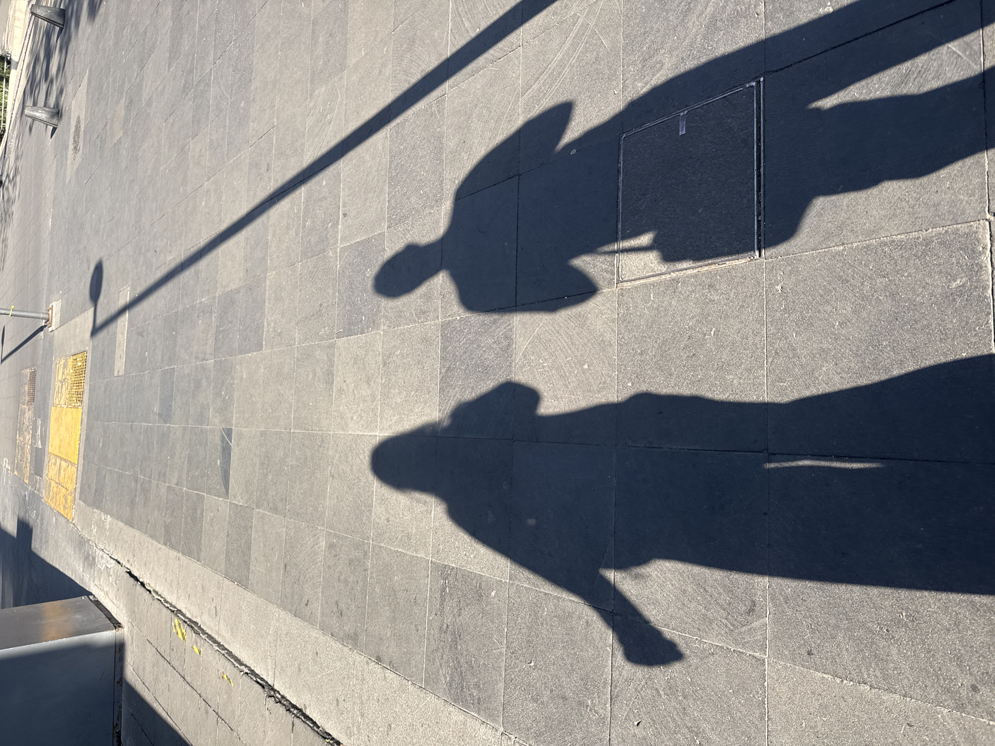 This outdoor, high-angle photograph shows a street surface with gray stone tiling. The image includes shadows of two people, a lamp post, and a utility access cover. The shadows indicate the people are walking side-by-side. A narrow yellow safety strip runs along one side of the tiled surface. The photograph was likely taken in Mexico City, Mexico.