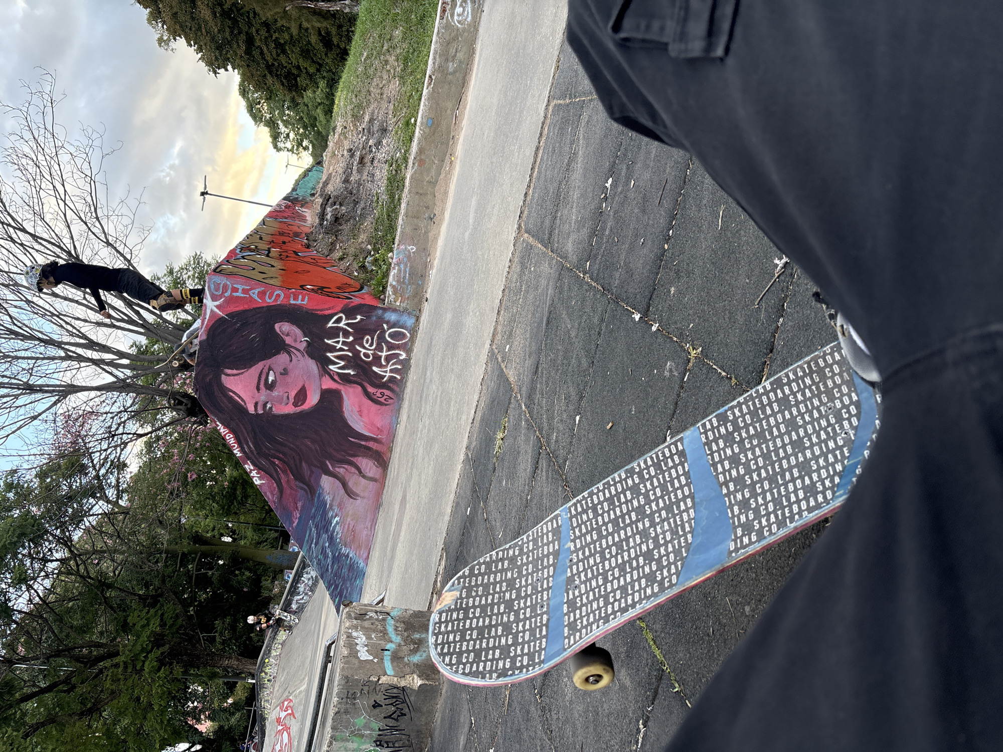 The image depicts a skateboarder standing on a skateboard in a skate park in Buenos Aires, Argentina. The skateboard is black and white and has the words "SKATEBOARDING CO. LAB." printed on it repeatedly. The person is wearing black pants. In the background is a graffiti-covered wall featuring a portrait of a woman and the words "PAZ MUNDIAL" and "MAR de AZO." A person is seen skateboarding in the background, near a tree. The sky is cloudy, suggesting it may be late afternoon or early evening. The area includes concrete structures, typical of a skate park environment.