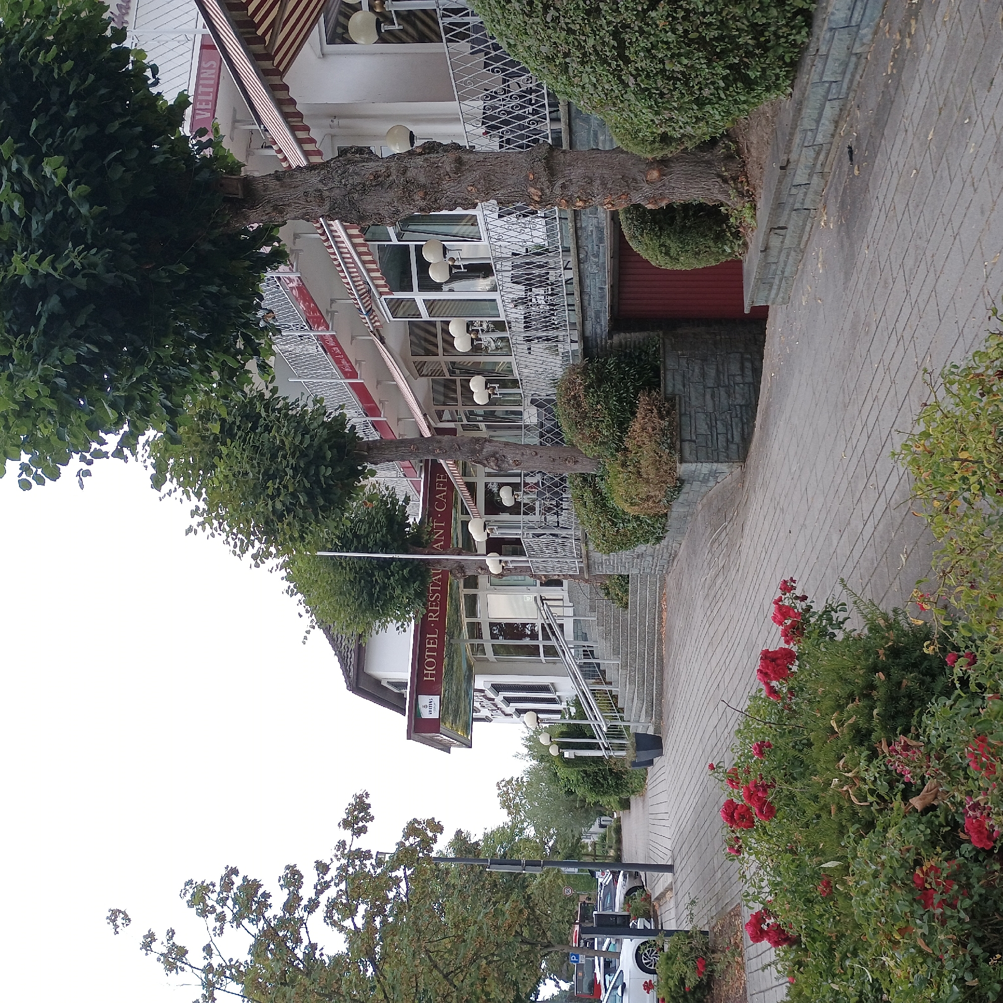 The image shows a hotel and restaurant in Möhnesee, Germany. The building is white with red and white striped awnings. There are trees and bushes in front of the building, and a paved walkway leads to the entrance. Several cars are parked on the street in the background. The sky is overcast.