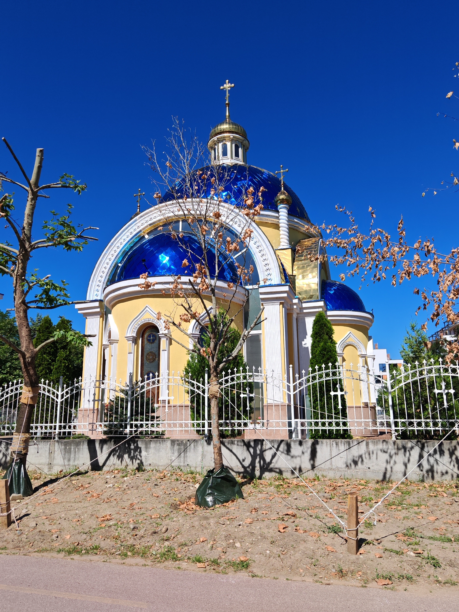The image shows a yellow church with blue domes, topped with golden crosses, under a clear blue sky. The church has ornate white detailing and arched windows. A white metal fence with cross motifs encloses the church. Several trees, some bare and some with sparse leaves, are in the foreground. The ground in front of the fence is covered in dirt, scattered leaves, and some small rocks. Two young trees are staked with green coverings around their bases and supported by ropes tied to wooden posts. In the background, a modern building is partially visible. The scene appears to be an exterior view of the Church of the Ascension of Christ in Plovdiv, Bulgaria.