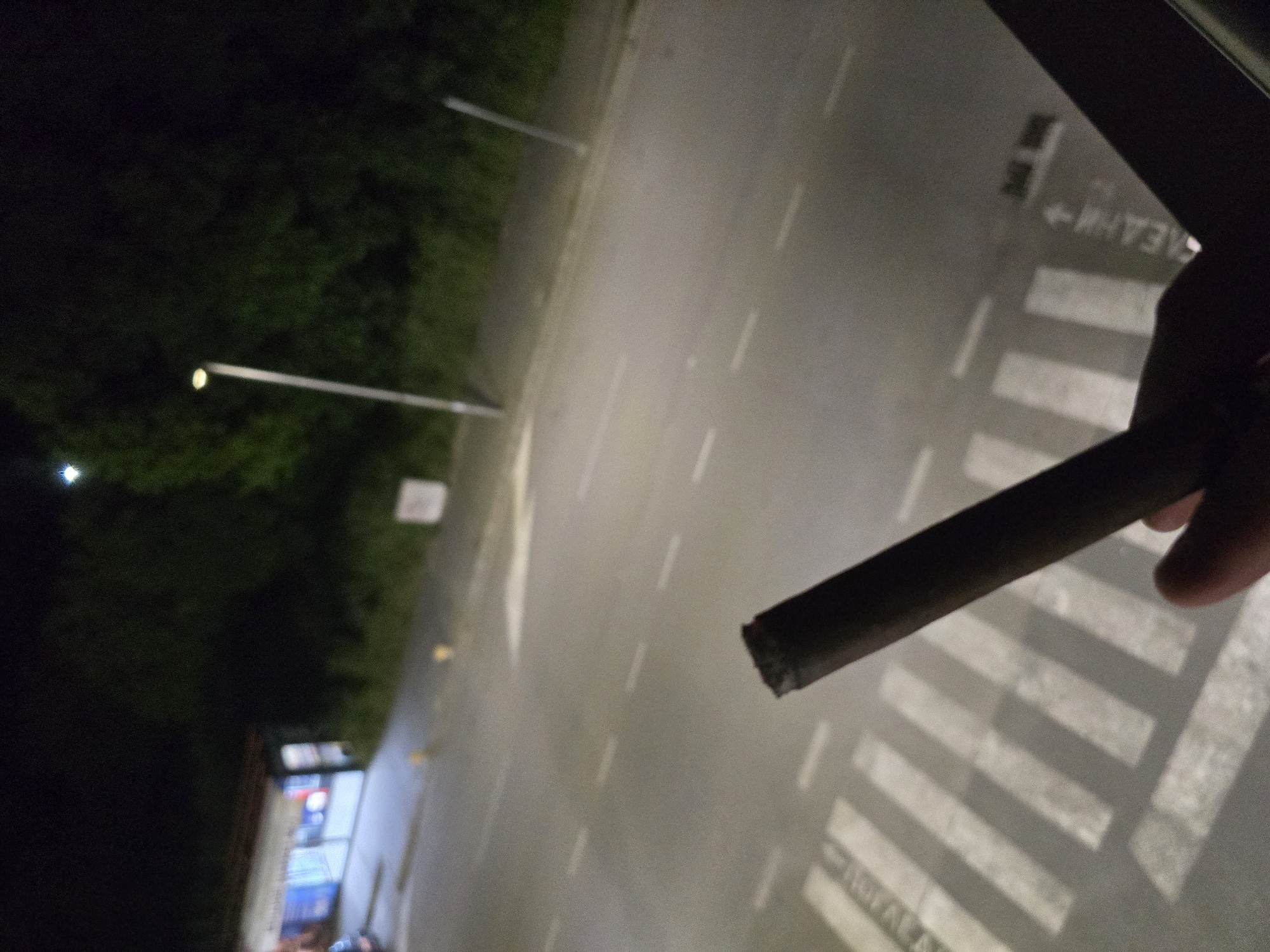 A person is holding a lit cigar in their right hand. They are standing on a street with white crosswalk lines. To the left of the person is a dark area with trees, and a street lamp is visible. There is a small business in the distance with blue lighting visible in the window. The location is unknown.
