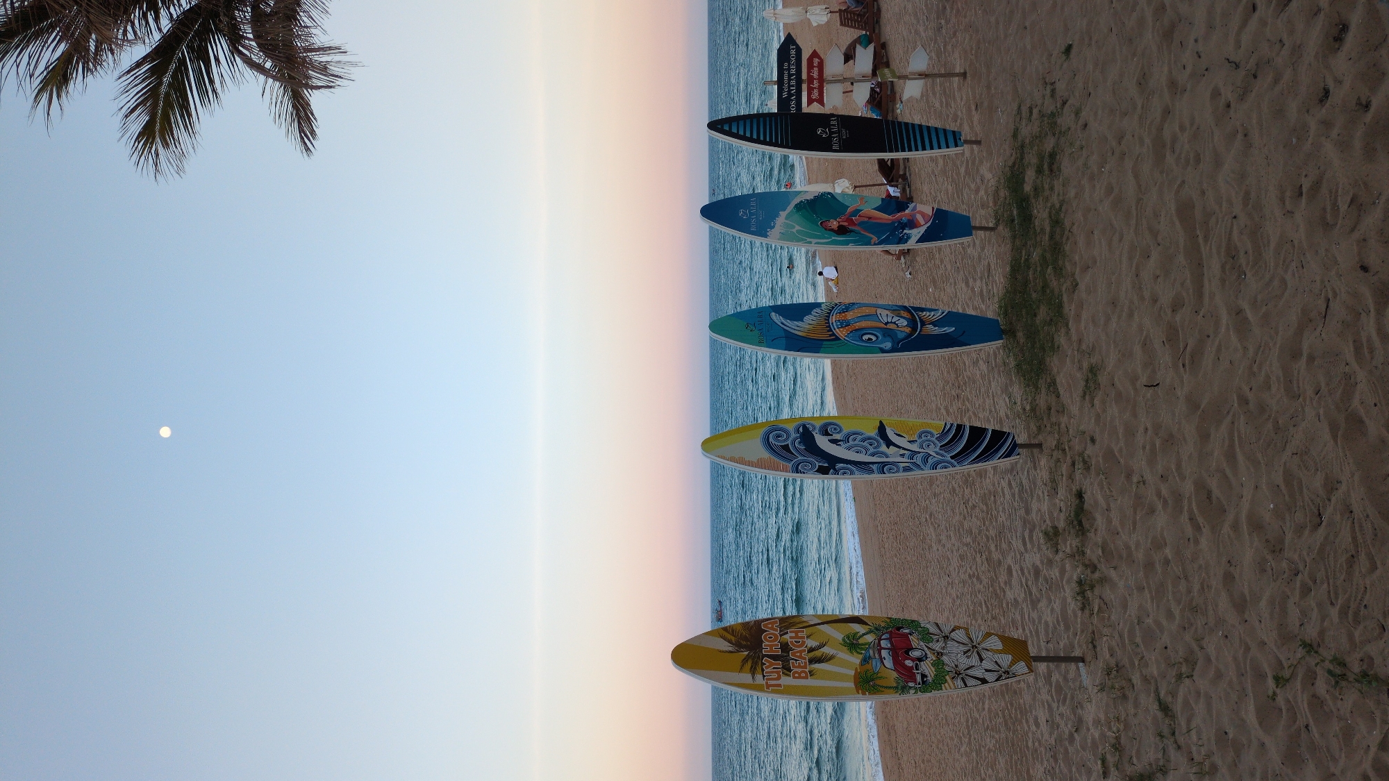 The image depicts a beach scene, likely in Tuy Hòa, Vietnam, given the text "Tuy Hoa Beach" visible on one of the surfboards. A row of five surfboards stands upright in the sand near the water's edge. Each board has a unique design.
Behind the surfboards is the ocean, and beyond that, a gradient of sky transitioning from pale blue to shades of orange and pink, suggesting either sunrise or sunset.
In the top left corner, there's a glimpse of a palm tree with several fronds. A small, round object (likely the moon) is visible in the upper left area of the sky. Further back, some beach umbrellas and loungers are set up, along with a signpost directing visitors to the “Rosa Alba Resort”. Two individuals are walking on the beach in the background. The sand is textured, showing signs of footprints and possibly some sparse vegetation.