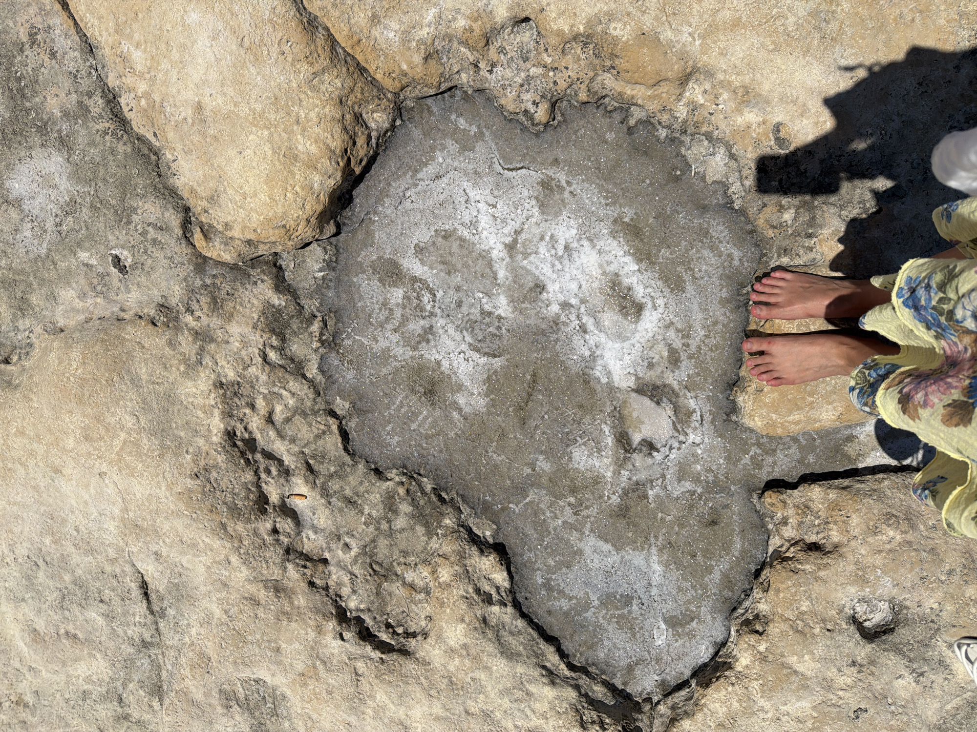 The image shows a top-down view of a person's bare feet standing on a rock formation near a shallow pool of water. The pool contains a white, crystalline substance, possibly salt. The surrounding rocks are tan and textured, with some cracks and indentations. The person is wearing a yellow dress with a floral pattern. The scene appears to be outdoors, likely in a coastal area, given the natural rock formations and the presence of water. This scene is captured in the city of Sliema, Malta, known for its rocky coastline and natural pools.
