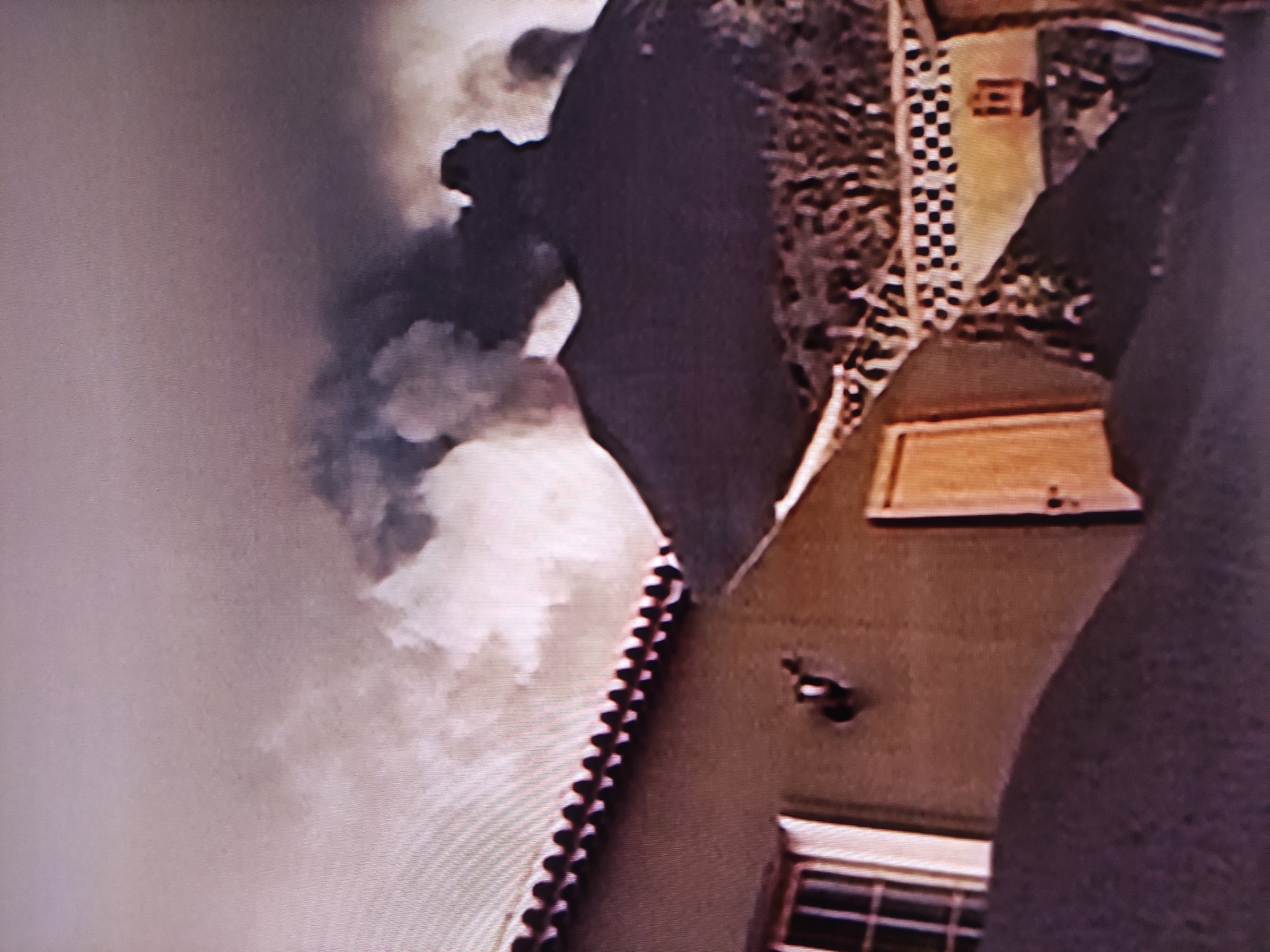 This media file captures an outdoor scene in Pavlodar, Kazakhstan, showing a building partially enveloped by a large plume of smoke or cloud. The original image is tilted, but when viewed upright, it depicts a building from a low-angle perspective, looking upwards.
The building features a light-colored wall, possibly tan or beige. A window with horizontal grilles is visible towards the bottom right. Above the window, a small outdoor light fixture or camera is mounted on the wall. Higher up, a rectangular, light-colored panel resembling an overhang or the underside of an eave is present. A decorative, textured strip, possibly resembling a chain or a series of interlocking elements, runs vertically along one edge of the building's facade. The upper sections of the building display more elaborate patterns, including a checkered design and a mottled, animal-print-like texture, suggesting decorative architectural elements or materials. Within these patterns, an indistinct, rectangular emblem with a vague character (possibly an "E" or "3") is barely discernible due to blurriness.
A dense mass of white and gray smoke or cloud occupies a significant portion of the left side of the frame, rising and obscuring the sky and parts of the building. This substantial smoke suggests an ongoing event, likely a fire or a large source of emissions. The scene appears to be set during daytime, with the smoke creating an overcast or hazy atmosphere. The image exhibits prominent horizontal line patterns, indicative of a photograph taken of a digital screen or television display. The overall impression is of an incident or an activity generating a considerable amount of smoke at an urban location.