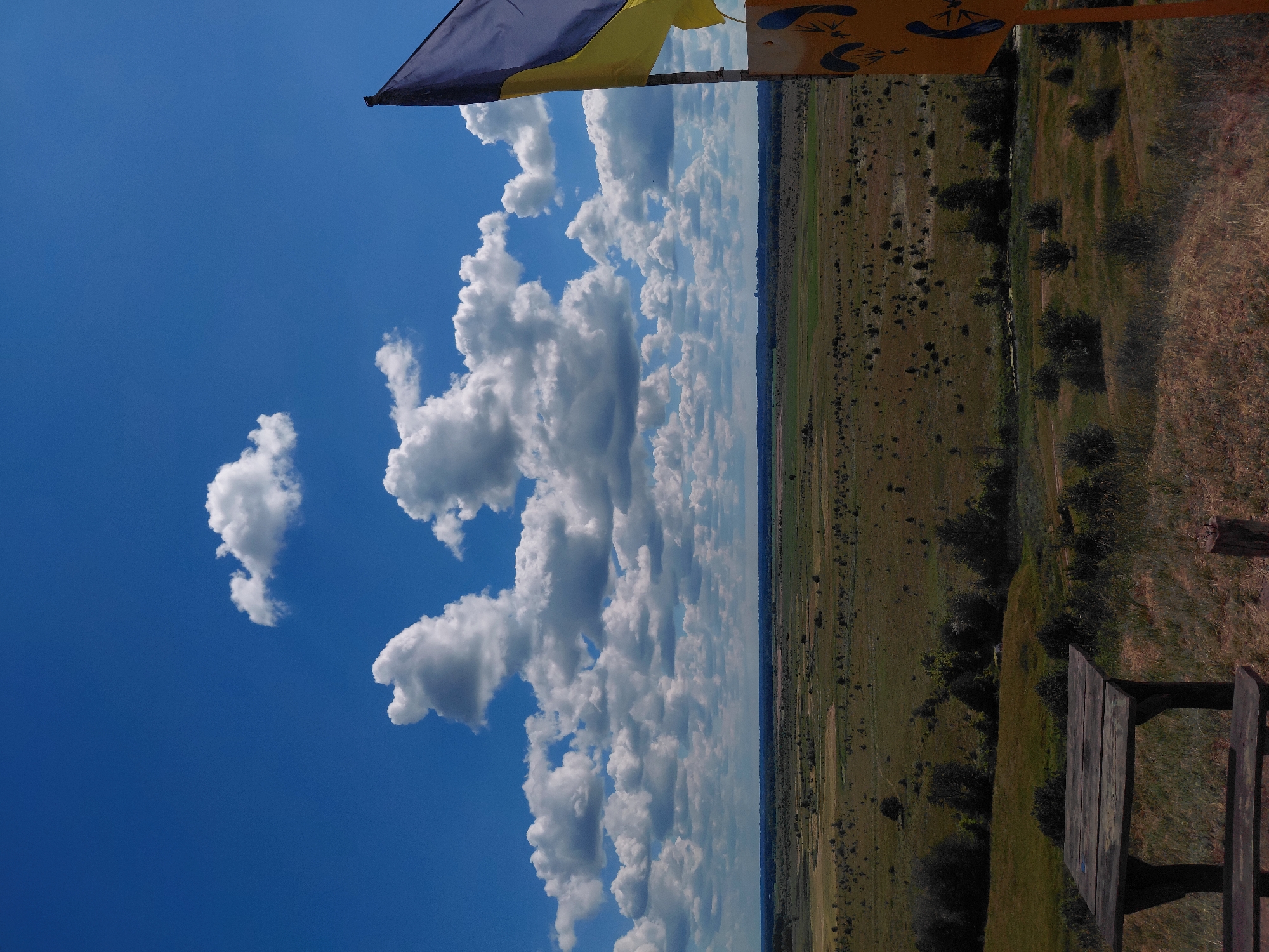 The image depicts a wide, rural landscape under a bright blue sky with scattered white cumulus clouds. In the foreground, to the left, is a weathered wooden picnic table and bench. To the right, a Ukrainian flag, predominantly yellow and blue, is attached to a pole, with a yellow sign featuring blue parachute silhouettes visible below it. The middle ground features a vast, undulating field with sparse trees and shrubs. In the distance, a dark line of trees marks the horizon, beyond which a hazy, indistinct landscape stretches out. The overall scene suggests an outdoor recreational area with a scenic view.