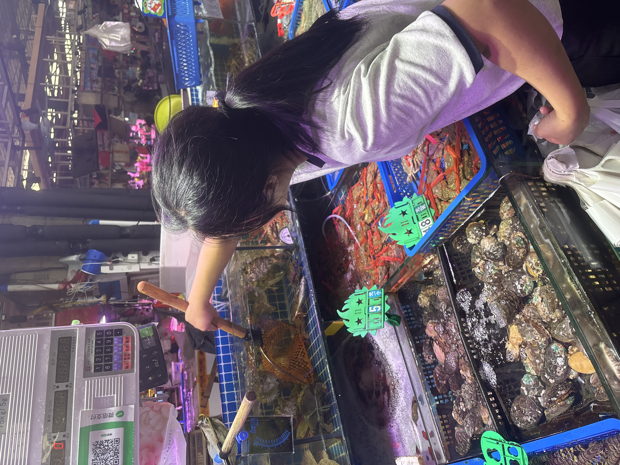 The image depicts a bustling seafood market, likely in Nanhai District, China, as suggested by market signage in Chinese. A young person, seen from behind with dark hair in a ponytail, is engaged in selecting seafood from a tank. They are holding a net with a wooden handle, attempting to scoop out a crab or other shellfish from a glass enclosure filled with water and other marine life.
In the foreground, several plastic containers filled with various seafood items are visible. One container holds an assortment of abalone, appearing dark and textured. Another container, further back and to the right, displays numerous red-hued crustaceans, possibly small crabs or lobsters, arranged on a blue plastic tray. Above these displays, a digital weighing scale hangs from the ceiling, showing numerical readouts. The environment is brightly lit, with artificial lights casting a purple hue in some areas, characteristic of indoor market settings. The overall atmosphere suggests a lively and active marketplace where fresh seafood is being sold.