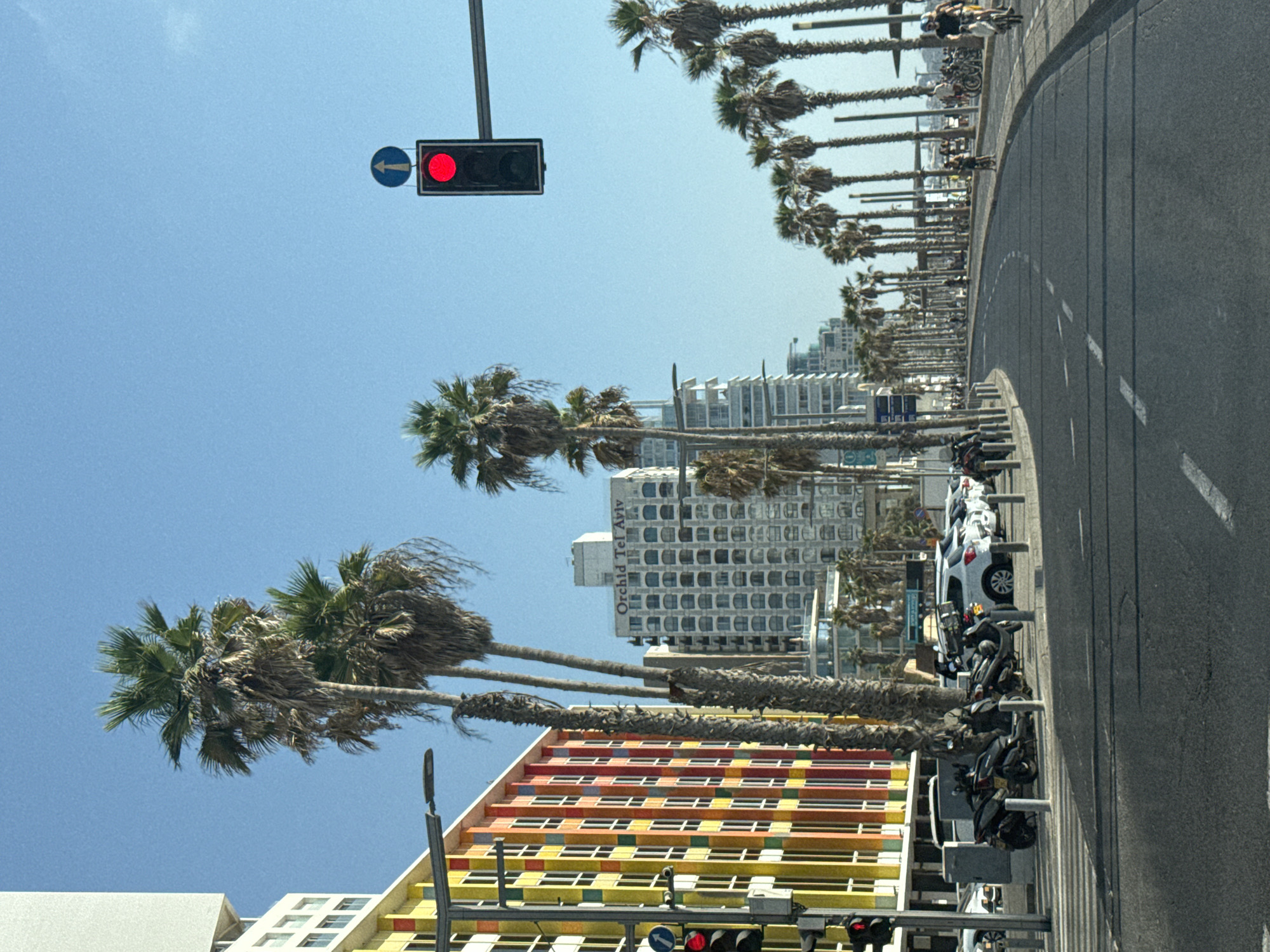 The image depicts a street scene in Tel Aviv, Israel. The foreground shows a paved road with white dashed lines indicating lanes. To the left, a modern building with a colorful facade of yellow, red, and orange panels is visible. Several palm trees line the street, with their fronds extending towards the bright blue sky.
Further down the street, a tall, light-colored building with a grid-like pattern of windows, labeled "Orchid Tel Aviv," stands prominently. Several other modern buildings are also present, along with more palm trees.
In the mid-ground, parked on the side of the road, are several scooters and white cars. Pedestrians and cyclists are present on the sidewalk to the right of the street, with a traffic light showing a red signal overhead. The overall impression is of a sunny day in a vibrant urban environment.